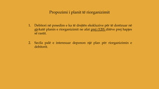 1. Debitori në posedim e ka të drejtën ekskluzive për të dorëzuar në
gjykatë planin e riorganizimit ne afat prej (120) ditëve prej hapjes
së rastit.
2. Secila palë e interesuar deponon një plan për riorganizimin e
debitorit.
Propozimi i planit të riorganizimit
 