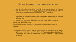 I. Nëse një palë e interesuar bënë përpjekje të drejtëpërdrejta ose të tërthorta
për të realizuar një kërkesë e cila është liruar sipas ligji ndaj një individi,
individi do të ketë të drejtë të kërkojë nga pala e interesuar:
1. ndërprerje të menjëhershme të çfarëdo përpjekje për realizim të kërkesës
së liruar; dhe
2. kompenzim të dëmit të shkaktuar, i cili nuk mund të jetë më pak se:
2.1. një mijë (1,000) Euro; ose
2.2. trefishi i vlerës së kërkesës të cilën pala e interesuar ka provuar ta
realizojë.
II. Kompenzimi i dëmit për shkelje të dispozitave të ligji në lidhje me lirimet
gjithashtu përfshinë, por nuk kufizohet në shpenzimet e avokatëve dhe
kompenzim të dëmeve jomateriale siç janë dëmtimi i reputacionit,
turpërimi.
Efektet e lirimit nga borxhi pas mbylljes së rastit
 