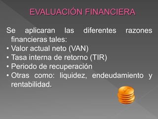 EVALUACIÓN FINANCIERA

Se aplicaran las diferentes razones
  financieras tales:
• Valor actual neto (VAN)
• Tasa interna de retorno (TIR)
• Periodo de recuperación
• Otras como: liquidez, endeudamiento y
  rentabilidad.
 