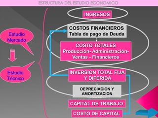 INGRESOS

            COSTOS FINANCIEROS
Estudio     Tabla de pago de Deuda
Mercado
               COSTO TOTALES
          Producción- Administración-
             Ventas - Financieros


Estudio     INVERSION TOTAL FIJA
Técnico          Y DIFERIDA

                 DEPRECIACION Y
                  AMORTIZACION

             CAPITAL DE TRABAJO

              COSTO DE CAPITAL
 