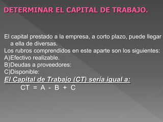 DETERMINAR EL CAPITAL DE TRABAJO.


El capital prestado a la empresa, a corto plazo, puede llegar
   a ella de diversas.
Los rubros comprendidos en este aparte son los siguientes:
A)Efectivo realizable.
B)Deudas a proveedores:
C)Disponible:
El Capital de Trabajo (CT) sería igual a:
     CT = A - B + C
 
