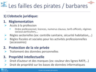 3e lame&de&fond:
la&« matching
economy »
AVEC LES « TRUST PEER2PEER PLATFORMS »
° @' retis'''''
www.retis.be
EXPOSÉ INTRODUCTIF "EAECONOMY"' A (C)'D.'JACOB'(2016)
• Economie+« collaborative »+formelle+:
# Passage,d’une,économie,collaborative,informelle,(gestes,de,
convivialité,,de,partage),
# " à,une,économie,collaborative,formelle,(transactions,financières),,
grâce,à,des,plateformes,appariant,,en+temps+réel,,en,confiance (sur,
base,notamment,de,notations,entre,pairs,et,d’une,expérience+
utilisateur+soignée),,l’offre,et,la,demande,
• Valorisation+de+capacités+disponibles:
# Logement
# Transport
# Compétences
• Meilleure+diffusion+de+l’info+" Meilleure+concurrence+"
accroissement+de+l‘offre+et+la+demande+solvable
• 1e formes:+eBay,+Leboncoin,+Meetic,…
« Matching Economy »
° @' retis'''''
www.retis.be EXPOSÉ INTRODUCTIF "EAECONOMY"' A (C)'D.'JACOB'(2016)
 
