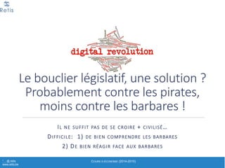 • En+2015,+aux+USA,+il+y+aurait+160+000+chauffeurs+UBER+
et+230+000+chauffeurs+classiques
• En+2015,+Airbnb rassemblerait+un+million+de+logement.+
Accor+(3e groupe+hôtellier mondial)+dispose+de+180+
000+chambres
La&matching economy
° @' retis'''''
www.retis.be EXPOSÉ INTRODUCTIF "EAECONOMY"' A (C)'D.'JACOB'(2016)
• Changement+rapide+du+rapport+de+force+grâce+au+
numérique
L’&« uberisation »
° @' retis'''''
www.retis.be EXPOSÉ INTRODUCTIF "EAECONOMY"' A (C)'D.'JACOB'(2016)
www.fredcavazza.net
 