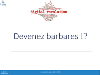 • Valorisation+de+capacités+disponibles
• Repérage+de+rentes,+liées+souvent:
# à,des,asymétries,d’information,,
# à,des,régimes,sociaux,particuliers,,
# à,des,accès,réglementés,à,la,profession,,
# voire,à,des,distorsions,de,concurrence
• Optimisation+du+moindre+gisement+de+valeur+
« dormante »
# via,une,place,de,marché,,fixation,d’un,prix,théoriquement, plus,
juste,,librement,consenti,,transparent
Les&pirates&et&des&barbares&attaquent&
pour&abattre&les&murailles&de&filières
° @' retis'''''
www.retis.be EXPOSÉ INTRODUCTIF "EAECONOMY"' A (C)'D.'JACOB'(2016)
Economie&basée&sur&la&
fonctionnalité,&l’usage
1) Remise+en+cause+de+la+notion+de+propriété
# Baisse,de,la,valeur,matérielle,et,fonctionnelle,des,objets
# Augmentation,de,leur,valeur,immatérielle,et,symbolique
# Ex:,voiture," offre,globale,de,mobilité
# Pas,vraiment,une,pratique,nouvelle,(économie,sociale,et,
solidaire,très,développée, au,XIXe,siècle)
# Par,contre,ampleur,médiatique,et,facilité+de+mise+en+place+
grâce+aux+TIC
° @' retis'''''
www.retis.be EXPOSÉ INTRODUCTIF "EAECONOMY"' A (C)'D.'JACOB'(2016)
 