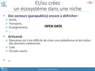 • Ne,conduisent,pas,de,taxis,/,voitures,d’auto3école
• Ne,gèrent,pas,un,réseau,de,transport,ferré,/,d’énergie
• Ne,gèrent,pas,un,hôtel,/,chambre,d’hôte
• Ne,gèrent,pas,une,agence,matrimoniale,,une,agence,de,location,de,
skis,,une,agence,d’intérim,…
• Ne,produisent,pas,d’œuvres,artistiques,(films,,photos,…)
• Ne,sont,pas,des,artisans…
• Ne,prêtent,pas,d’argent…
Les+pirates+/+barbares+se+positionnent+comme+intermédiaires+clés,+
• En,enrôlant,les,consommateurs
• en,exacerbant,la,concurrence,(ex:,AirBnB),
• tout,en,tentant,de,capter,la,meilleure,partie,de,la,valeur,produite
Les&barbares&ne&produisent&pas&!
Pour&certains,&il&vampiriseraient&!&
° @' retis'''''
www.retis.be EXPOSÉ INTRODUCTIF "EAECONOMY"' A (C)'D.'JACOB'(2016)
Les+2+principales+forces+des+barbares:+
1. Une+énergie+particulière:+la,récupération, et,le,traitement,
des,(profusions,de),données,(…souvent,gracieuses), "
économie,« quaternaire »
" personnalisation
# ex:,Netflix
# Ex:,Google,(Car,,Nest,…)
# Ex:,Amazon,(vs,Hachette)
2. Orientés+« expérience+clients »+(ex:,Uber)
# « Consommacteur »,
(…,mais,sans,un,total,libre,arbitre,,car,orienté,par,un,algorithme,!)
# Souhaite,partager,des,avis
# Souhaite,un,taxi,orienté,« service,au,client »
# Préfère,une,offre,de,mobilité,qu’être,propriétaire,d’une,voiture
Les&armes&des&barbares
° @' retis'''''
www.retis.be EXPOSÉ INTRODUCTIF "EAECONOMY"' A (C)'D.'JACOB'(2016)
 