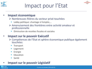 1)+Les+obstacles+juridiques:+
1. Règlementation
# Accès,à,la,profession
$ Ordre,professionnel,,licences,,numerus,clausus,,tarifs,officiels,,régimes,
sociaux,particuliers,…
# Règles,sectorielles,(ex:,contrôle,sanitaire,,sécurité,habitation,…)
# Règles,fiscales,et,sociales,pour,les,activités,professionnelles,
(accessoires),
2. Protection+de+la+vie+privée
# Traitement,des,données,personnelles
3. Propriété+intellectuelle
# Droit,d’auteur,et,des,marques,(ex:,couleur,des,lignes,RATP,…)
# Droit,de,propriété,sur,les,bases,de,données,informatiques
Les&failles&des&pirates&/&barbares
° @' retis'''''
www.retis.be EXPOSÉ INTRODUCTIF "EAECONOMY"' A (C)'D.'JACOB'(2016)
2)+Vision+romantique,+et+des+argumentaires+idéologiques+
qui+sonnent+parfois+faux:
# « greenwashing »,
# « anti3capitalisme »:,partage,« désintéressé »,/,« scout »
# « On,signale,les,contrôles,de,tickets,pour,améliorer,la,fluidité »
# Des,actes,de,générosité," actes,de,consommation
3)+L’économie+des+réseaux+tend+à+la+concentration+
" nouveaux,monopoles, naturels
4)+L’impact+macro7économique:+dumping+social,+perte+
possible+d’emplois,+de+recettes+fiscales+" risque+de+
décroissance+(sur,base,des,modes,de,calcul,actuels,du,PIB)
Les&failles&des&barbares
° @' retis'''''
www.retis.be EXPOSÉ INTRODUCTIF "EAECONOMY"' A (C)'D.'JACOB'(2016)
 