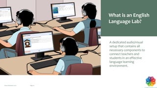 Page 14www.chromatic.co.in
What is an English
Language Lab?
A dedicated audio/visual
setup that contains all
necessary components to
connect teachers and
students in an effective
language learning
environment.
 