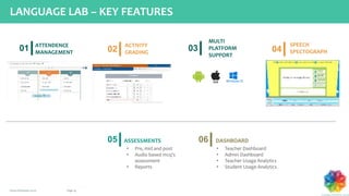 Page 19www.chromatic.co.in
ACTIVITY
GRADING
05 06
03 0401 ATTENDENCE
MANAGEMENT
SPEECH
SPECTOGRAPH
MULTI
PLATFORM
SUPPORT
DASHBOARDASSESSMENTS
02
• Teacher Dashboard
• Admin Dashboard
• Teacher Usage Analytics
• Student Usage Analytics
• Pre, mid and post
• Audio based mcq’s
assessment
• Reports
LANGUAGE LAB – KEY FEATURES
 