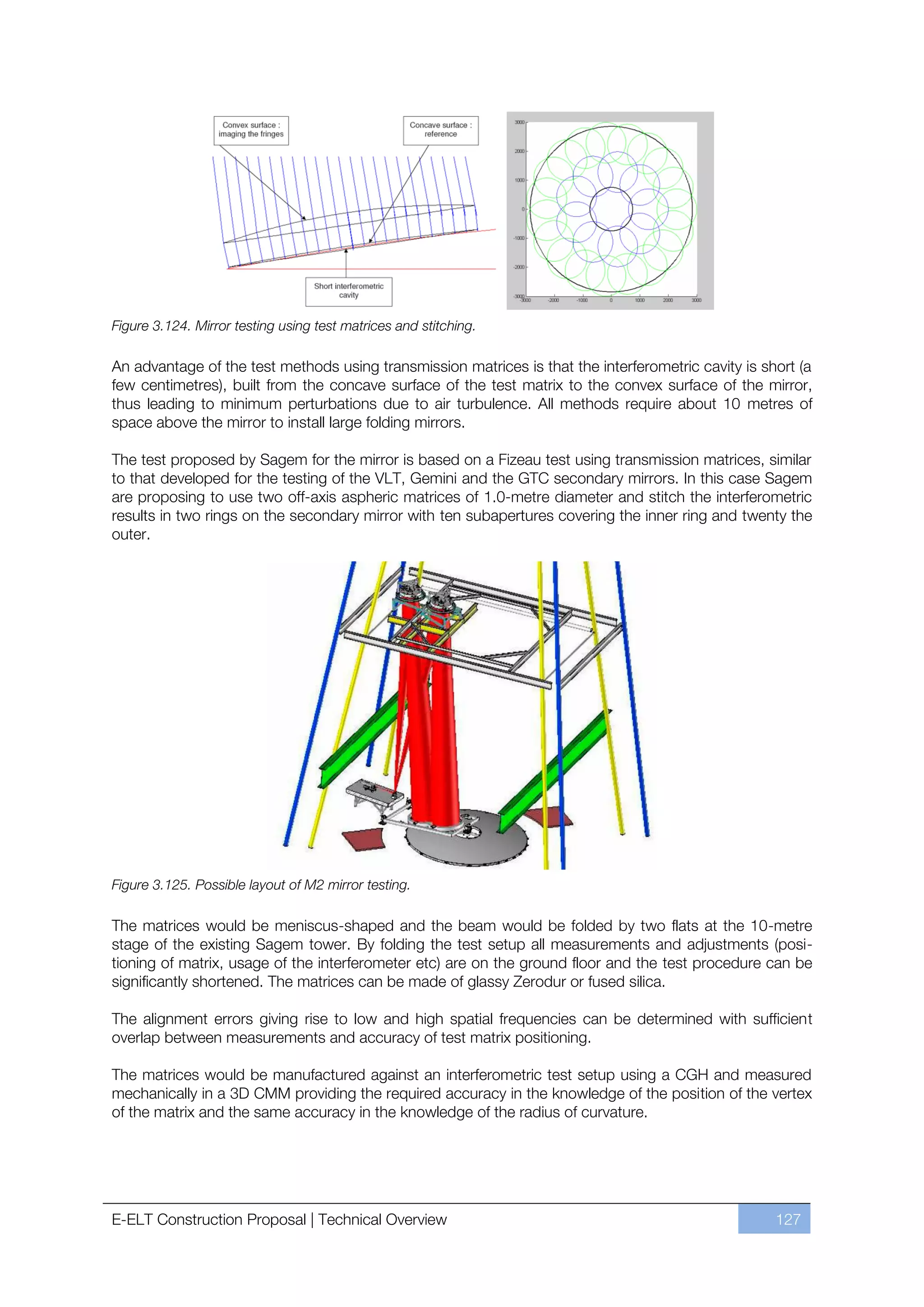 Figure 3.124. Mirror testing using test matrices and stitching.

An advantage of the test methods using transmission matrices is that the interferometric cavity is short (a
few centimetres), built from the concave surface of the test matrix to the convex surface of the mirror,
thus leading to minimum perturbations due to air turbulence. All methods require about 10 metres of
space above the mirror to install large folding mirrors.

The test proposed by Sagem for the mirror is based on a Fizeau test using transmission matrices, similar
to that developed for the testing of the VLT, Gemini and the GTC secondary mirrors. In this case Sagem
are proposing to use two off-axis aspheric matrices of 1.0-metre diameter and stitch the interferometric
results in two rings on the secondary mirror with ten subapertures covering the inner ring and twenty the
outer.




Figure 3.125. Possible layout of M2 mirror testing.

The matrices would be meniscus-shaped and the beam would be folded by two flats at the 10-metre
stage of the existing Sagem tower. By folding the test setup all measurements and adjustments (posi-
tioning of matrix, usage of the interferometer etc) are on the ground floor and the test procedure can be
significantly shortened. The matrices can be made of glassy Zerodur or fused silica.

The alignment errors giving rise to low and high spatial frequencies can be determined with sufficient
overlap between measurements and accuracy of test matrix positioning.

The matrices would be manufactured against an interferometric test setup using a CGH and measured
mechanically in a 3D CMM providing the required accuracy in the knowledge of the position of the vertex
of the matrix and the same accuracy in the knowledge of the radius of curvature.




E-ELT Construction Proposal | Technical Overview                                                     127
 