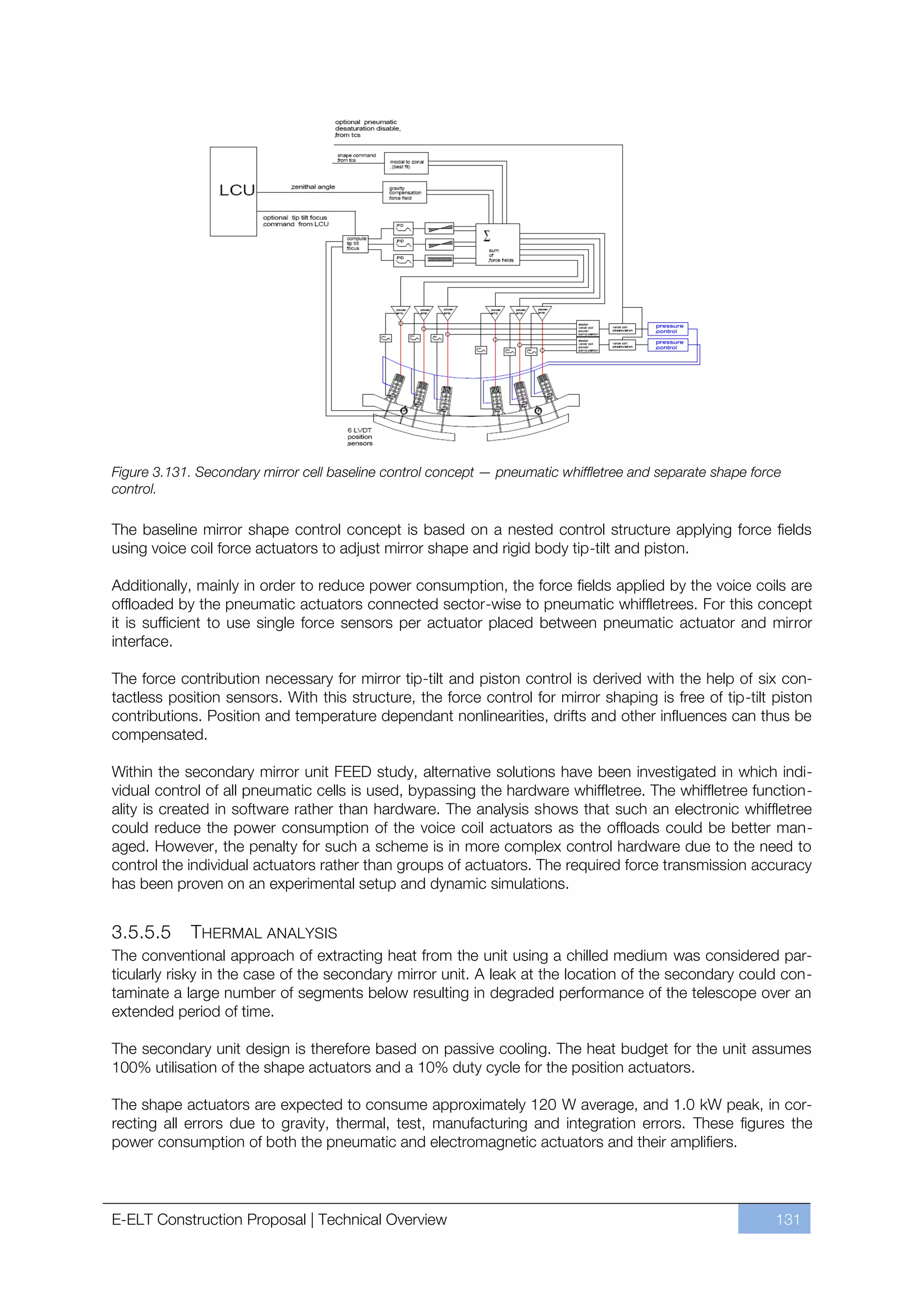 Figure 3.131. Secondary mirror cell baseline control concept — pneumatic whiffletree and separate shape force
control.

The baseline mirror shape control concept is based on a nested control structure applying force fields
using voice coil force actuators to adjust mirror shape and rigid body tip-tilt and piston.

Additionally, mainly in order to reduce power consumption, the force fields applied by the voice coils are
offloaded by the pneumatic actuators connected sector-wise to pneumatic whiffletrees. For this concept
it is sufficient to use single force sensors per actuator placed between pneumatic actuator and mirror
interface.

The force contribution necessary for mirror tip-tilt and piston control is derived with the help of six con-
tactless position sensors. With this structure, the force control for mirror shaping is free of tip-tilt piston
contributions. Position and temperature dependant nonlinearities, drifts and other influences can thus be
compensated.

Within the secondary mirror unit FEED study, alternative solutions have been investigated in which indi-
vidual control of all pneumatic cells is used, bypassing the hardware whiffletree. The whiffletree function-
ality is created in software rather than hardware. The analysis shows that such an electronic whiffletree
could reduce the power consumption of the voice coil actuators as the offloads could be better man-
aged. However, the penalty for such a scheme is in more complex control hardware due to the need to
control the individual actuators rather than groups of actuators. The required force transmission accuracy
has been proven on an experimental setup and dynamic simulations.


3.5.5.5       THERMAL ANALYSIS
The conventional approach of extracting heat from the unit using a chilled medium was considered par-
ticularly risky in the case of the secondary mirror unit. A leak at the location of the secondary could con-
taminate a large number of segments below resulting in degraded performance of the telescope over an
extended period of time.

The secondary unit design is therefore based on passive cooling. The heat budget for the unit assumes
100% utilisation of the shape actuators and a 10% duty cycle for the position actuators.

The shape actuators are expected to consume approximately 120 W average, and 1.0 kW peak, in cor-
recting all errors due to gravity, thermal, test, manufacturing and integration errors. These figures the
power consumption of both the pneumatic and electromagnetic actuators and their amplifiers.




E-ELT Construction Proposal | Technical Overview                                                            131
 