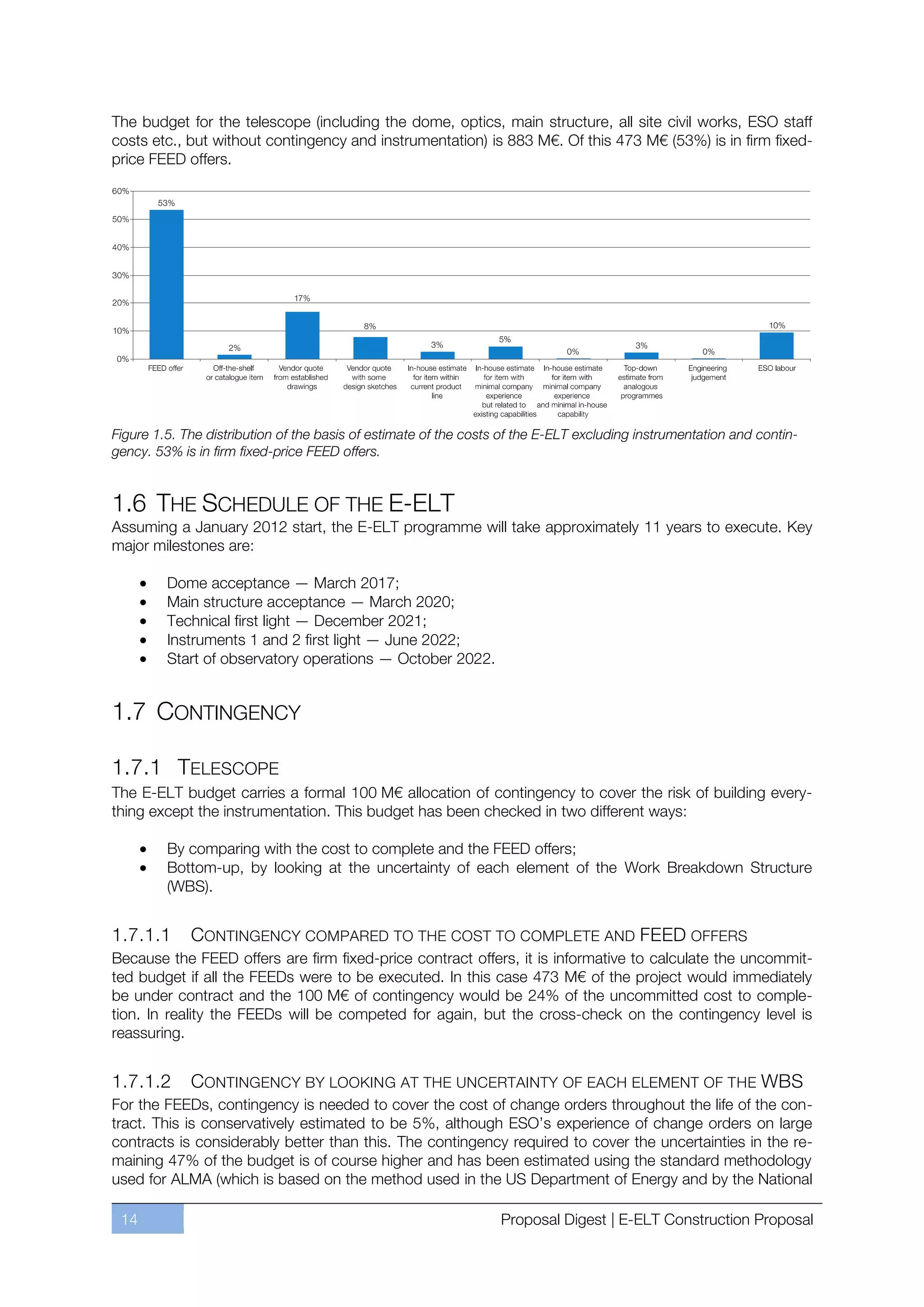 The budget for the telescope (including the dome, optics, main structure, all site civil works, ESO staff
costs etc., but without contingency and instrumentation) is 883 M€. Of this 473 M€ (53%) is in firm fixed-
price FEED offers.




Figure 1.5. The distribution of the basis of estimate of the costs of the E-ELT excluding instrumentation and contin-
gency. 53% is in firm fixed-price FEED offers.


1.6 THE SCHEDULE OF THE E-ELT
Assuming a January 2012 start, the E-ELT programme will take approximately 11 years to execute. Key
major milestones are:

         Dome acceptance — March 2017;
         Main structure acceptance — March 2020;
         Technical first light — December 2021;
         Instruments 1 and 2 first light — June 2022;
         Start of observatory operations — October 2022.


1.7 CONTINGENCY

1.7.1 TELESCOPE
The E-ELT budget carries a formal 100 M€ allocation of contingency to cover the risk of building every-
thing except the instrumentation. This budget has been checked in two different ways:

         By comparing with the cost to complete and the FEED offers;
         Bottom-up, by looking at the uncertainty of each element of the Work Breakdown Structure
         (WBS).


1.7.1.1      CONTINGENCY COMPARED TO THE COST TO COMPLETE AND FEED OFFERS
Because the FEED offers are firm fixed-price contract offers, it is informative to calculate the uncommit-
ted budget if all the FEEDs were to be executed. In this case 473 M€ of the project would immediately
be under contract and the 100 M€ of contingency would be 24% of the uncommitted cost to comple-
tion. In reality the FEEDs will be competed for again, but the cross-check on the contingency level is
reassuring.


1.7.1.2      CONTINGENCY BY LOOKING AT THE UNCERTAINTY OF EACH ELEMENT OF THE WBS
For the FEEDs, contingency is needed to cover the cost of change orders throughout the life of the con-
tract. This is conservatively estimated to be 5%, although ESO’s experience of change orders on large
contracts is considerably better than this. The contingency required to cover the uncertainties in the re-
maining 47% of the budget is of course higher and has been estimated using the standard methodology
used for ALMA (which is based on the method used in the US Department of Energy and by the National

 14                                                               Proposal Digest | E-ELT Construction Proposal
 