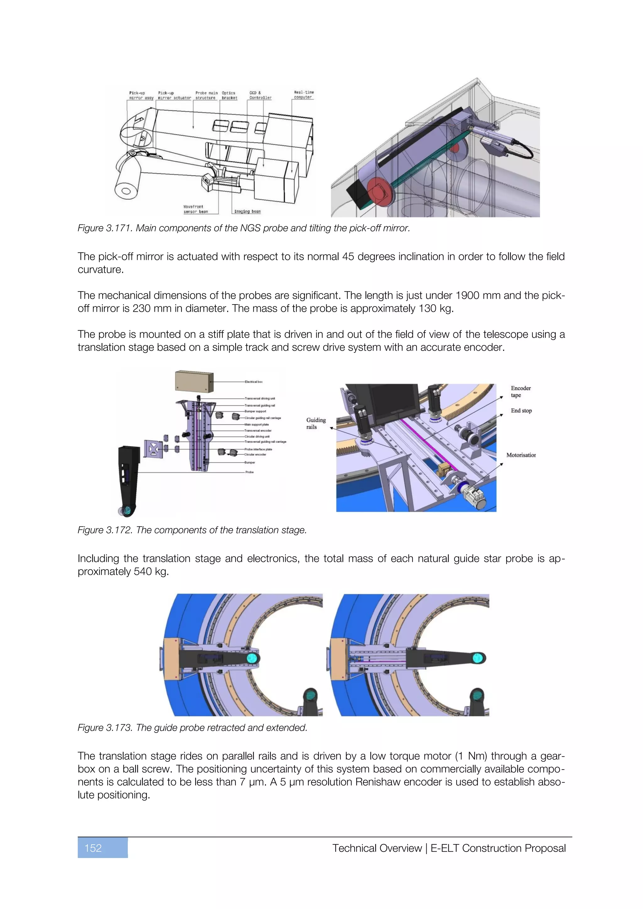 Figure 3.171. Main components of the NGS probe and tilting the pick-off mirror.

The pick-off mirror is actuated with respect to its normal 45 degrees inclination in order to follow the field
curvature.

The mechanical dimensions of the probes are significant. The length is just under 1900 mm and the pick-
off mirror is 230 mm in diameter. The mass of the probe is approximately 130 kg.

The probe is mounted on a stiff plate that is driven in and out of the field of view of the telescope using a
translation stage based on a simple track and screw drive system with an accurate encoder.




Figure 3.172. The components of the translation stage.

Including the translation stage and electronics, the total mass of each natural guide star probe is ap-
proximately 540 kg.




Figure 3.173. The guide probe retracted and extended.

The translation stage rides on parallel rails and is driven by a low torque motor (1 Nm) through a gear-
box on a ball screw. The positioning uncertainty of this system based on commercially available compo-
nents is calculated to be less than 7 µm. A 5 µm resolution Renishaw encoder is used to establish abso-
lute positioning.



 152                                                        Technical Overview | E-ELT Construction Proposal
 