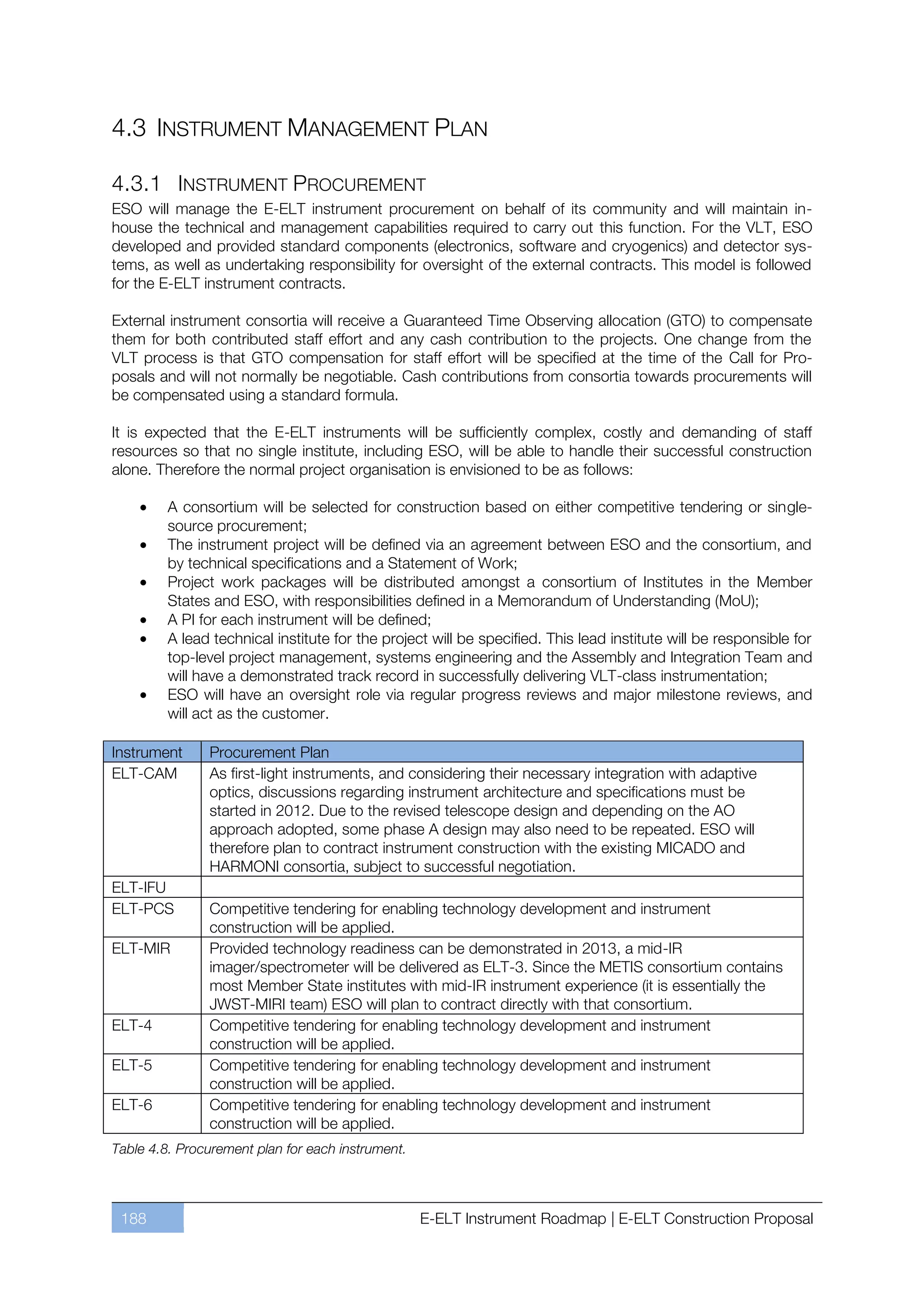 4.3 INSTRUMENT MANAGEMENT PLAN

4.3.1 INSTRUMENT PROCUREMENT
ESO will manage the E-ELT instrument procurement on behalf of its community and will maintain in-
house the technical and management capabilities required to carry out this function. For the VLT, ESO
developed and provided standard components (electronics, software and cryogenics) and detector sys-
tems, as well as undertaking responsibility for oversight of the external contracts. This model is followed
for the E-ELT instrument contracts.

External instrument consortia will receive a Guaranteed Time Observing allocation (GTO) to compensate
them for both contributed staff effort and any cash contribution to the projects. One change from the
VLT process is that GTO compensation for staff effort will be specified at the time of the Call for Pro-
posals and will not normally be negotiable. Cash contributions from consortia towards procurements will
be compensated using a standard formula.

It is expected that the E-ELT instruments will be sufficiently complex, costly and demanding of staff
resources so that no single institute, including ESO, will be able to handle their successful construction
alone. Therefore the normal project organisation is envisioned to be as follows:

         A consortium will be selected for construction based on either competitive tendering or single-
         source procurement;
         The instrument project will be defined via an agreement between ESO and the consortium, and
         by technical specifications and a Statement of Work;
         Project work packages will be distributed amongst a consortium of Institutes in the Member
         States and ESO, with responsibilities defined in a Memorandum of Understanding (MoU);
         A PI for each instrument will be defined;
         A lead technical institute for the project will be specified. This lead institute will be responsible for
         top-level project management, systems engineering and the Assembly and Integration Team and
         will have a demonstrated track record in successfully delivering VLT-class instrumentation;
         ESO will have an oversight role via regular progress reviews and major milestone reviews, and
         will act as the customer.

Instrument     Procurement Plan
ELT-CAM        As first-light instruments, and considering their necessary integration with adaptive
               optics, discussions regarding instrument architecture and specifications must be
               started in 2012. Due to the revised telescope design and depending on the AO
               approach adopted, some phase A design may also need to be repeated. ESO will
               therefore plan to contract instrument construction with the existing MICADO and
               HARMONI consortia, subject to successful negotiation.
ELT-IFU
ELT-PCS        Competitive tendering for enabling technology development and instrument
               construction will be applied.
ELT-MIR        Provided technology readiness can be demonstrated in 2013, a mid-IR
               imager/spectrometer will be delivered as ELT-3. Since the METIS consortium contains
               most Member State institutes with mid-IR instrument experience (it is essentially the
               JWST-MIRI team) ESO will plan to contract directly with that consortium.
ELT-4          Competitive tendering for enabling technology development and instrument
               construction will be applied.
ELT-5          Competitive tendering for enabling technology development and instrument
               construction will be applied.
ELT-6          Competitive tendering for enabling technology development and instrument
               construction will be applied.
Table 4.8. Procurement plan for each instrument.




 188                                               E-ELT Instrument Roadmap | E-ELT Construction Proposal
 