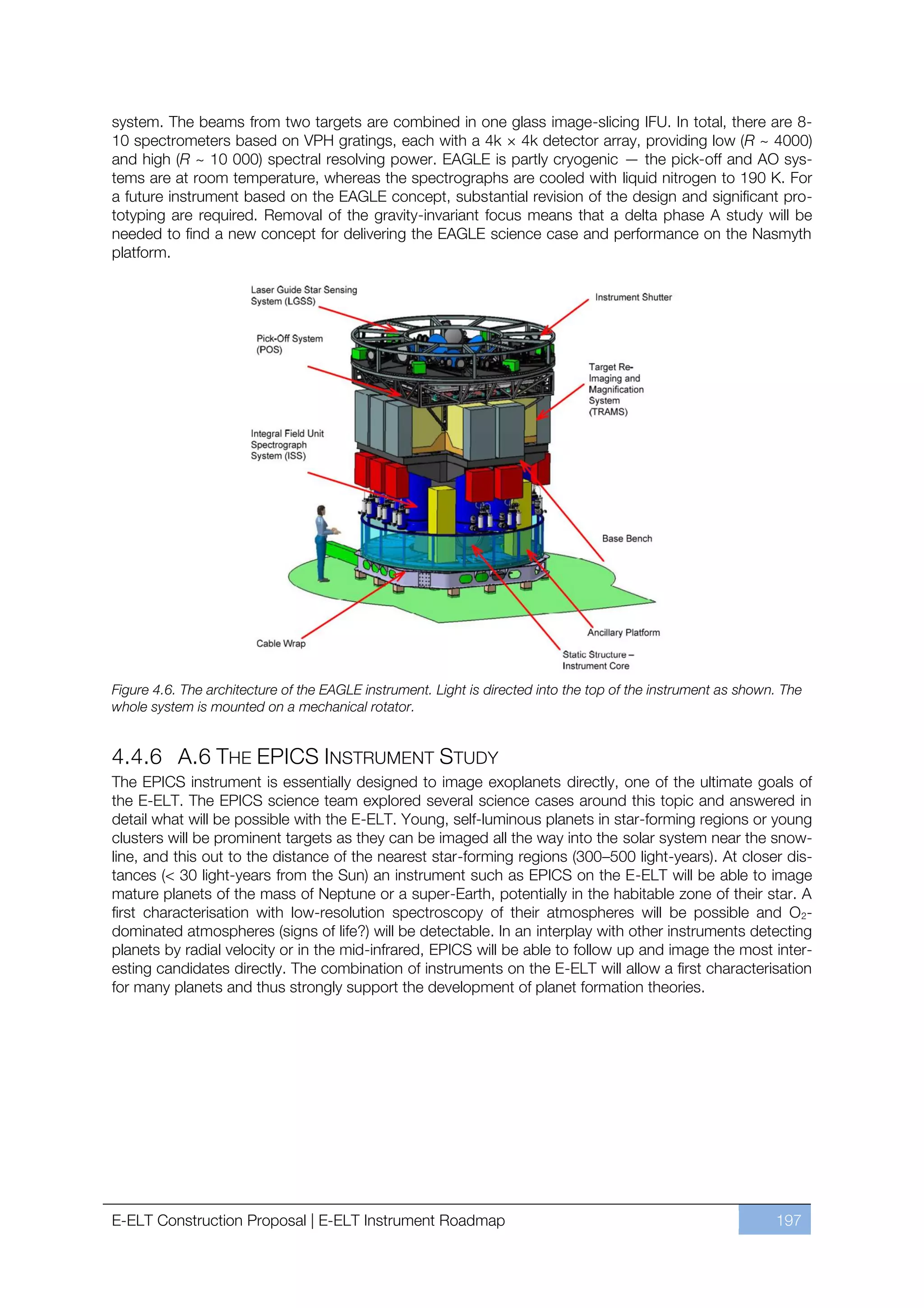 system. The beams from two targets are combined in one glass image-slicing IFU. In total, there are 8-
10 spectrometers based on VPH gratings, each with a 4k × 4k detector array, providing low (R ~ 4000)
and high (R ~ 10 000) spectral resolving power. EAGLE is partly cryogenic — the pick-off and AO sys-
tems are at room temperature, whereas the spectrographs are cooled with liquid nitrogen to 190 K. For
a future instrument based on the EAGLE concept, substantial revision of the design and significant pro-
totyping are required. Removal of the gravity-invariant focus means that a delta phase A study will be
needed to find a new concept for delivering the EAGLE science case and performance on the Nasmyth
platform.




Figure 4.6. The architecture of the EAGLE instrument. Light is directed into the top of the instrument as shown. The
whole system is mounted on a mechanical rotator.


4.4.6 A.6 THE EPICS INSTRUMENT STUDY
The EPICS instrument is essentially designed to image exoplanets directly, one of the ultimate goals of
the E-ELT. The EPICS science team explored several science cases around this topic and answered in
detail what will be possible with the E-ELT. Young, self-luminous planets in star-forming regions or young
clusters will be prominent targets as they can be imaged all the way into the solar system near the snow-
line, and this out to the distance of the nearest star-forming regions (300ﬃ500 light-years). At closer dis-
tances (< 30 light-years from the Sun) an instrument such as EPICS on the E-ELT will be able to image
mature planets of the mass of Neptune or a super-Earth, potentially in the habitable zone of their star. A
first characterisation with low-resolution spectroscopy of their atmospheres will be possible and O 2-
dominated atmospheres (signs of life?) will be detectable. In an interplay with other instruments detecting
planets by radial velocity or in the mid-infrared, EPICS will be able to follow up and image the most inter-
esting candidates directly. The combination of instruments on the E-ELT will allow a first characterisation
for many planets and thus strongly support the development of planet formation theories.




E-ELT Construction Proposal | E-ELT Instrument Roadmap                                                         197
 