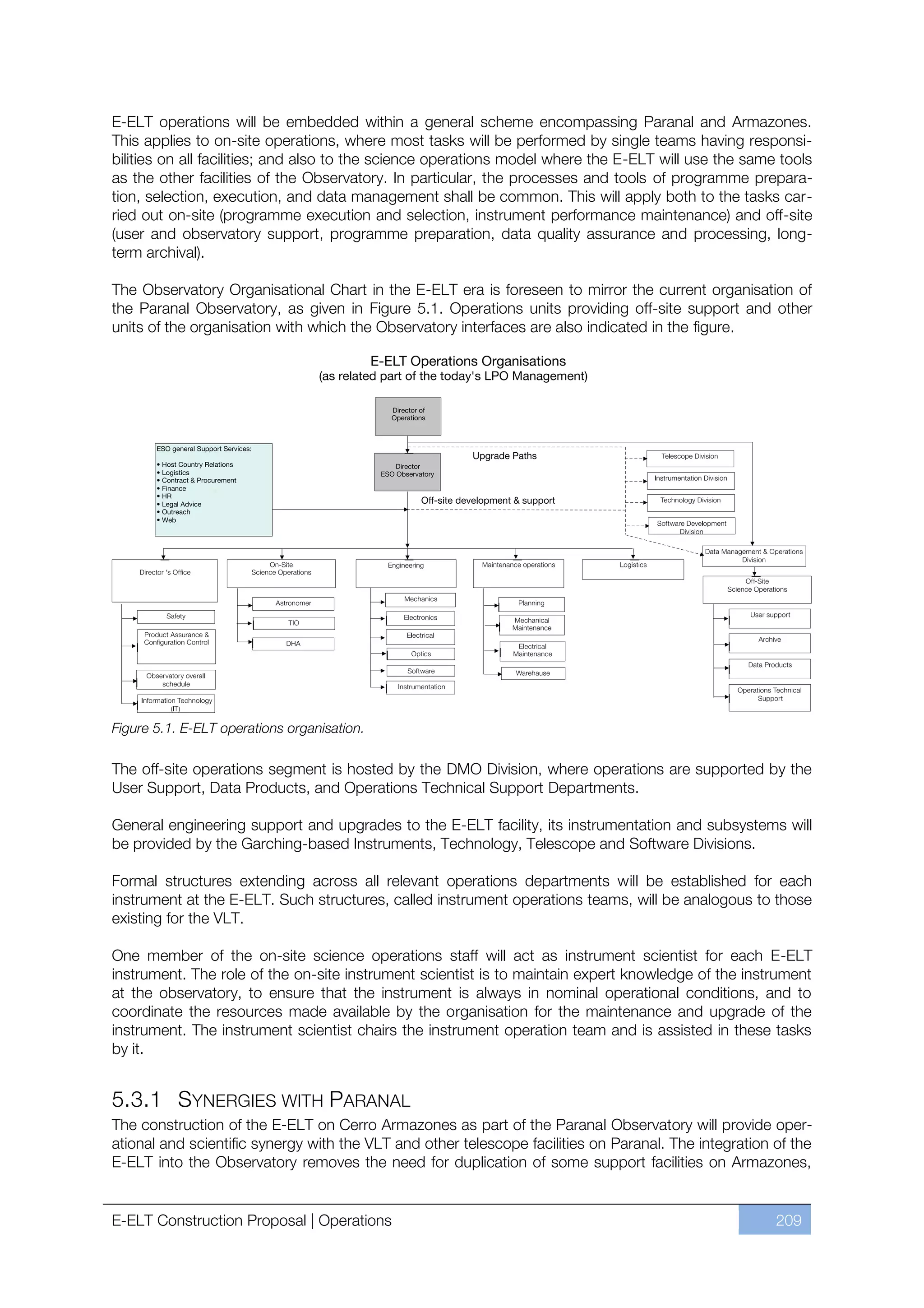 E-ELT operations will be embedded within a general scheme encompassing Paranal and Armazones.
This applies to on-site operations, where most tasks will be performed by single teams having responsi-
bilities on all facilities; and also to the science operations model where the E-ELT will use the same tools
as the other facilities of the Observatory. In particular, the processes and tools of programme prepara-
tion, selection, execution, and data management shall be common. This will apply both to the tasks car-
ried out on-site (programme execution and selection, instrument performance maintenance) and off-site
(user and observatory support, programme preparation, data quality assurance and processing, long-
term archival).

The Observatory Organisational Chart in the E-ELT era is foreseen to mirror the current organisation of
the Paranal Observatory, as given in Figure 5.1. Operations units providing off-site support and other
units of the organisation with which the Observatory interfaces are also indicated in the figure.




Figure 5.1. E-ELT operations organisation.

The off-site operations segment is hosted by the DMO Division, where operations are supported by the
User Support, Data Products, and Operations Technical Support Departments.

General engineering support and upgrades to the E-ELT facility, its instrumentation and subsystems will
be provided by the Garching-based Instruments, Technology, Telescope and Software Divisions.

Formal structures extending across all relevant operations departments will be established for each
instrument at the E-ELT. Such structures, called instrument operations teams, will be analogous to those
existing for the VLT.

One member of the on-site science operations staff will act as instrument scientist for each E-ELT
instrument. The role of the on-site instrument scientist is to maintain expert knowledge of the instrument
at the observatory, to ensure that the instrument is always in nominal operational conditions, and to
coordinate the resources made available by the organisation for the maintenance and upgrade of the
instrument. The instrument scientist chairs the instrument operation team and is assisted in these tasks
by it.


5.3.1 SYNERGIES WITH PARANAL
The construction of the E-ELT on Cerro Armazones as part of the Paranal Observatory will provide oper-
ational and scientific synergy with the VLT and other telescope facilities on Paranal. The integration of the
E-ELT into the Observatory removes the need for duplication of some support facilities on Armazones,


E-ELT Construction Proposal | Operations                                                               209
 