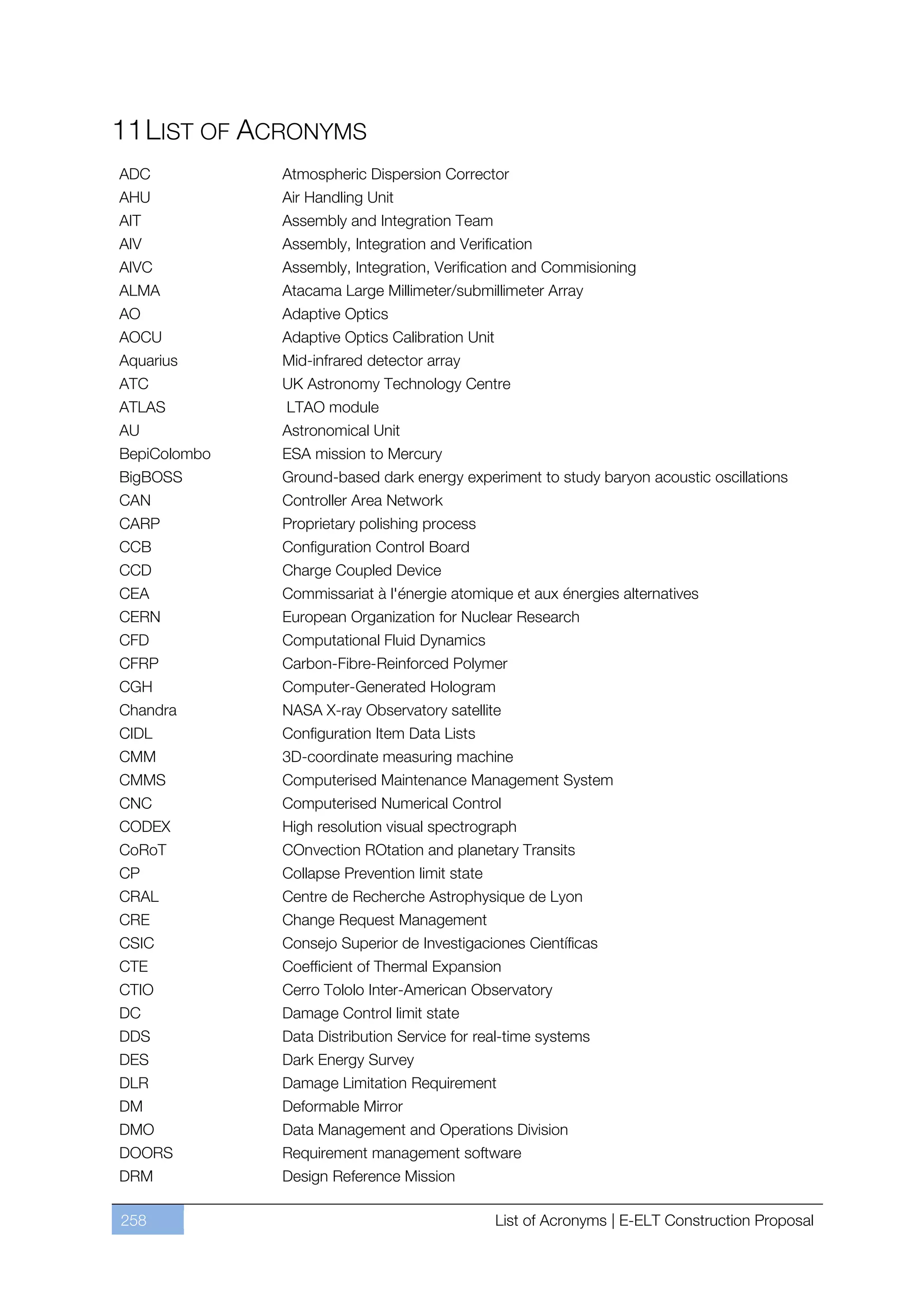 11 LIST OF ACRONYMS
ADC           Atmospheric Dispersion Corrector
AHU           Air Handling Unit
AIT           Assembly and Integration Team
AIV           Assembly, Integration and Verification
AIVC          Assembly, Integration, Verification and Commisioning
ALMA          Atacama Large Millimeter/submillimeter Array
AO            Adaptive Optics
AOCU          Adaptive Optics Calibration Unit
Aquarius      Mid-infrared detector array
ATC           UK Astronomy Technology Centre
ATLAS         LTAO module
AU            Astronomical Unit
BepiColombo   ESA mission to Mercury
BigBOSS       Ground-based dark energy experiment to study baryon acoustic oscillations
CAN           Controller Area Network
CARP          Proprietary polishing process
CCB           Configuration Control Board
CCD           Charge Coupled Device
CEA           Commissariat à l'énergie atomique et aux énergies alternatives
CERN          European Organization for Nuclear Research
CFD           Computational Fluid Dynamics
CFRP          Carbon-Fibre-Reinforced Polymer
CGH           Computer-Generated Hologram
Chandra       NASA X-ray Observatory satellite
CIDL          Configuration Item Data Lists
CMM           3D-coordinate measuring machine
CMMS          Computerised Maintenance Management System
CNC           Computerised Numerical Control
CODEX         High resolution visual spectrograph
CoRoT         COnvection ROtation and planetary Transits
CP            Collapse Prevention limit state
CRAL          Centre de Recherche Astrophysique de Lyon
CRE           Change Request Management
CSIC          Consejo Superior de Investigaciones Científicas
CTE           Coefficient of Thermal Expansion
CTIO          Cerro Tololo Inter-American Observatory
DC            Damage Control limit state
DDS           Data Distribution Service for real-time systems
DES           Dark Energy Survey
DLR           Damage Limitation Requirement
DM            Deformable Mirror
DMO           Data Management and Operations Division
DOORS         Requirement management software
DRM           Design Reference Mission

258                                              List of Acronyms | E-ELT Construction Proposal
 