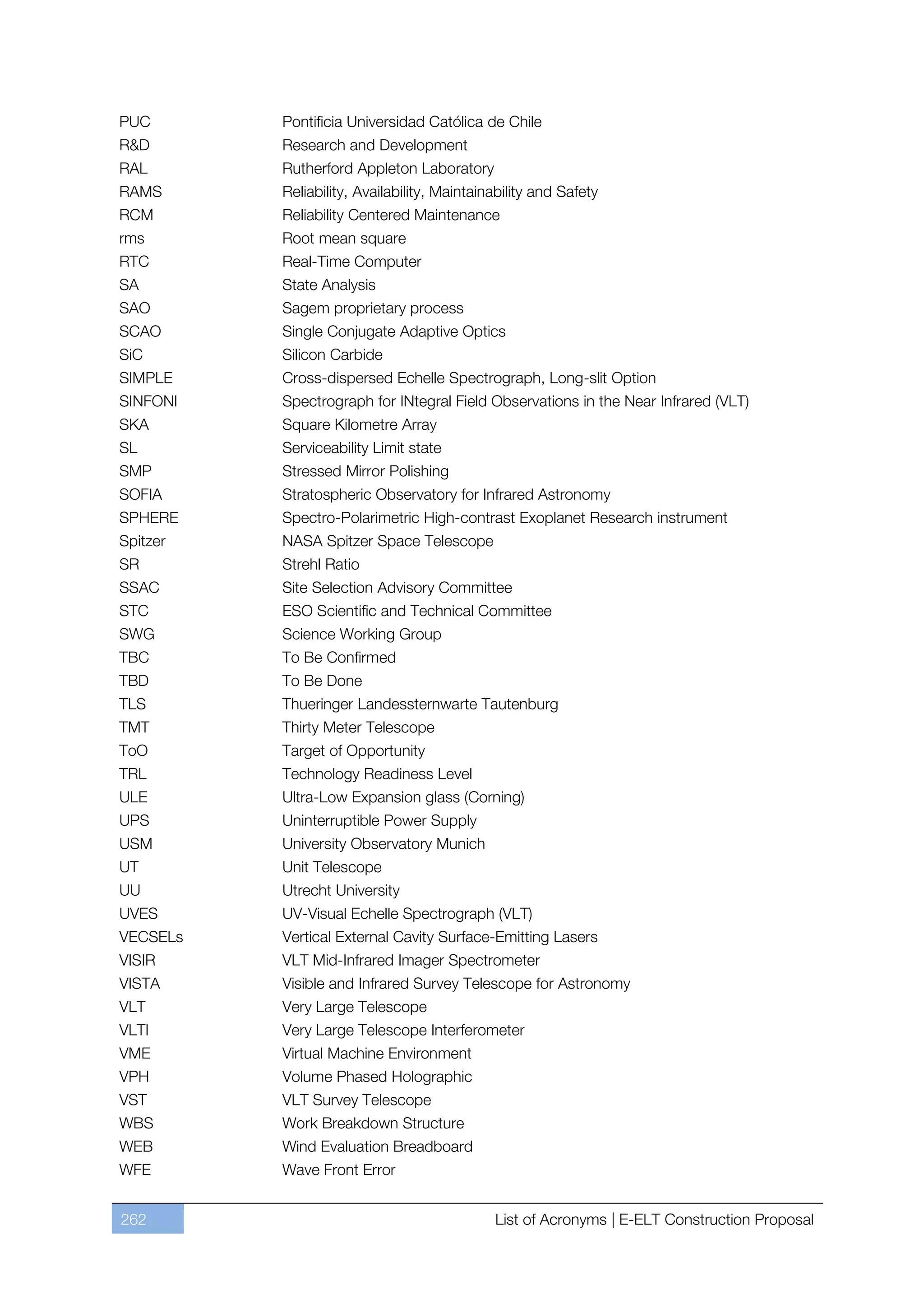 PUC       Pontificia Universidad Católica de Chile
R&D       Research and Development
RAL       Rutherford Appleton Laboratory
RAMS      Reliability, Availability, Maintainability and Safety
RCM       Reliability Centered Maintenance
rms       Root mean square
RTC       Real-Time Computer
SA        State Analysis
SAO       Sagem proprietary process
SCAO      Single Conjugate Adaptive Optics
SiC       Silicon Carbide
SIMPLE    Cross-dispersed Echelle Spectrograph, Long-slit Option
SINFONI   Spectrograph for INtegral Field Observations in the Near Infrared (VLT)
SKA       Square Kilometre Array
SL        Serviceability Limit state
SMP       Stressed Mirror Polishing
SOFIA     Stratospheric Observatory for Infrared Astronomy
SPHERE    Spectro-Polarimetric High-contrast Exoplanet Research instrument
Spitzer   NASA Spitzer Space Telescope
SR        Strehl Ratio
SSAC      Site Selection Advisory Committee
STC       ESO Scientific and Technical Committee
SWG       Science Working Group
TBC       To Be Confirmed
TBD       To Be Done
TLS       Thueringer Landessternwarte Tautenburg
TMT       Thirty Meter Telescope
ToO       Target of Opportunity
TRL       Technology Readiness Level
ULE       Ultra-Low Expansion glass (Corning)
UPS       Uninterruptible Power Supply
USM       University Observatory Munich
UT        Unit Telescope
UU        Utrecht University
UVES      UV-Visual Echelle Spectrograph (VLT)
VECSELs   Vertical External Cavity Surface-Emitting Lasers
VISIR     VLT Mid-Infrared Imager Spectrometer
VISTA     Visible and Infrared Survey Telescope for Astronomy
VLT       Very Large Telescope
VLTI      Very Large Telescope Interferometer
VME       Virtual Machine Environment
VPH       Volume Phased Holographic
VST       VLT Survey Telescope
WBS       Work Breakdown Structure
WEB       Wind Evaluation Breadboard
WFE       Wave Front Error


262                                          List of Acronyms | E-ELT Construction Proposal
 