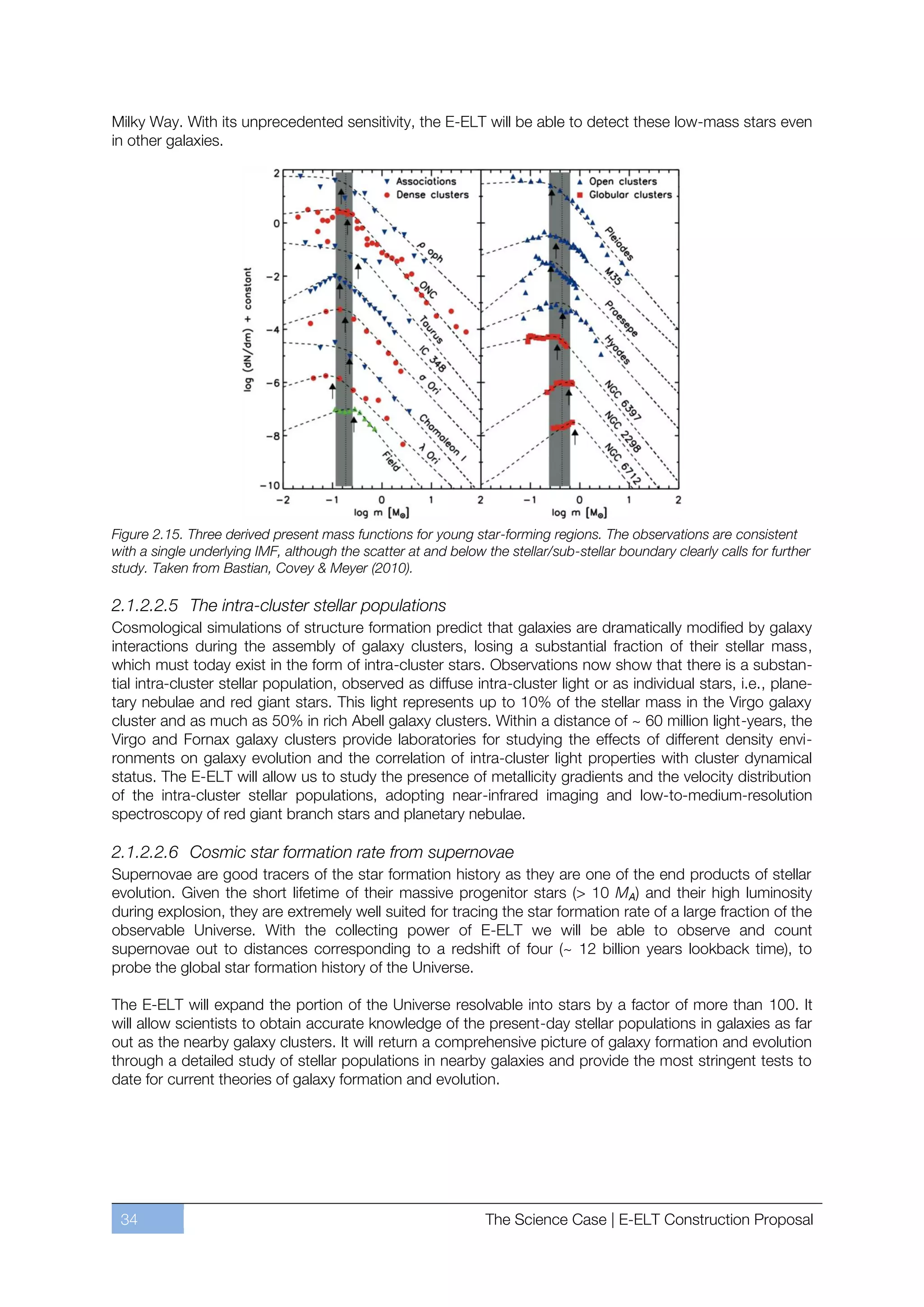 Milky Way. With its unprecedented sensitivity, the E-ELT will be able to detect these low-mass stars even
in other galaxies.




Figure 2.15. Three derived present mass functions for young star-forming regions. The observations are consistent
with a single underlying IMF, although the scatter at and below the stellar/sub-stellar boundary clearly calls for further
study. Taken from Bastian, Covey & Meyer (2010).

2.1.2.2.5 The intra-cluster stellar populations
Cosmological simulations of structure formation predict that galaxies are dramatically modified by galaxy
interactions during the assembly of galaxy clusters, losing a substantial fraction of their stellar mass,
which must today exist in the form of intra-cluster stars. Observations now show that there is a substan-
tial intra-cluster stellar population, observed as diffuse intra-cluster light or as individual stars, i.e., plane-
tary nebulae and red giant stars. This light represents up to 10% of the stellar mass in the Virgo galaxy
cluster and as much as 50% in rich Abell galaxy clusters. Within a distance of ~ 60 million light-years, the
Virgo and Fornax galaxy clusters provide laboratories for studying the effects of different density envi-
ronments on galaxy evolution and the correlation of intra-cluster light properties with cluster dynamical
status. The E-ELT will allow us to study the presence of metallicity gradients and the velocity distribution
of the intra-cluster stellar populations, adopting near-infrared imaging and low-to-medium-resolution
spectroscopy of red giant branch stars and planetary nebulae.

2.1.2.2.6 Cosmic star formation rate from supernovae
Supernovae are good tracers of the star formation history as they are one of the end products of stellar
evolution. Given the short lifetime of their massive progenitor stars (> 10 MA) and their high luminosity
during explosion, they are extremely well suited for tracing the star formation rate of a large fraction of the
observable Universe. With the collecting power of E-ELT we will be able to observe and count
supernovae out to distances corresponding to a redshift of four (~ 12 billion years lookback time), to
probe the global star formation history of the Universe.

The E-ELT will expand the portion of the Universe resolvable into stars by a factor of more than 100. It
will allow scientists to obtain accurate knowledge of the present-day stellar populations in galaxies as far
out as the nearby galaxy clusters. It will return a comprehensive picture of galaxy formation and evolution
through a detailed study of stellar populations in nearby galaxies and provide the most stringent tests to
date for current theories of galaxy formation and evolution.




 34                                                              The Science Case | E-ELT Construction Proposal
 
