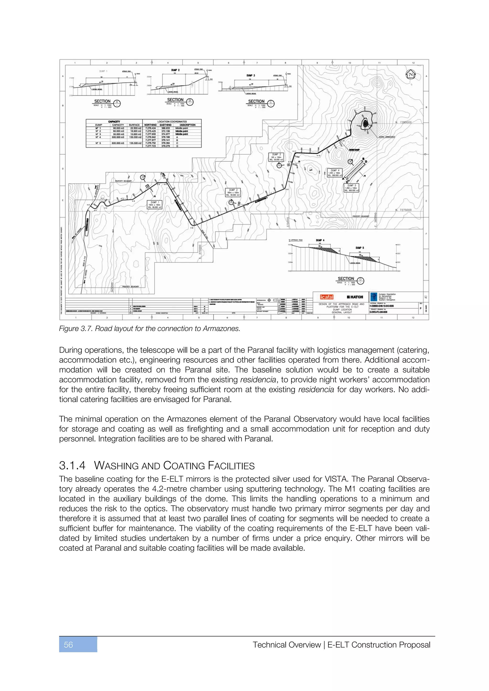 Figure 3.7. Road layout for the connection to Armazones.

During operations, the telescope will be a part of the Paranal facility with logistics management (catering,
accommodation etc.), engineering resources and other facilities operated from there. Additional accom-
modation will be created on the Paranal site. The baseline solution would be to create a suitable
accommodation facility, removed from the existing residencia, to provide night workers’ accommodation
for the entire facility, thereby freeing sufficient room at the existing residencia for day workers. No addi-
tional catering facilities are envisaged for Paranal.

The minimal operation on the Armazones element of the Paranal Observatory would have local facilities
for storage and coating as well as firefighting and a small accommodation unit for reception and duty
personnel. Integration facilities are to be shared with Paranal.


3.1.4 WASHING AND COATING FACILITIES
The baseline coating for the E-ELT mirrors is the protected silver used for VISTA. The Paranal Observa-
tory already operates the 4.2-metre chamber using sputtering technology. The M1 coating facilities are
located in the auxiliary buildings of the dome. This limits the handling operations to a minimum and
reduces the risk to the optics. The observatory must handle two primary mirror segments per day and
therefore it is assumed that at least two parallel lines of coating for segments will be needed to create a
sufficient buffer for maintenance. The viability of the coating requirements of the E-ELT have been vali-
dated by limited studies undertaken by a number of firms under a price enquiry. Other mirrors will be
coated at Paranal and suitable coating facilities will be made available.




 56                                                        Technical Overview | E-ELT Construction Proposal
 