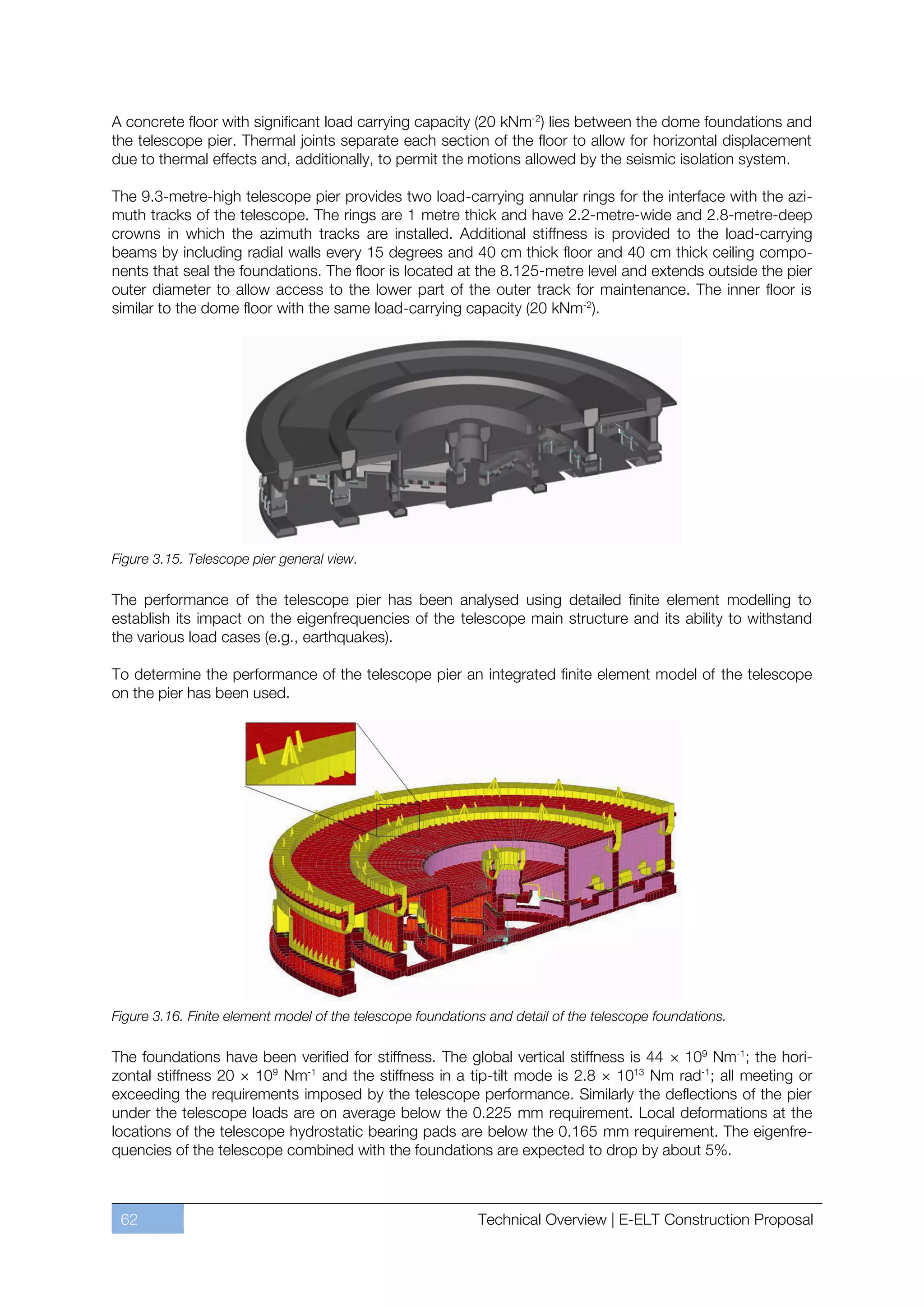 A concrete floor with significant load carrying capacity (20 kNm-2) lies between the dome foundations and
the telescope pier. Thermal joints separate each section of the floor to allow for horizontal displacement
due to thermal effects and, additionally, to permit the motions allowed by the seismic isolation system.

The 9.3-metre-high telescope pier provides two load-carrying annular rings for the interface with the azi-
muth tracks of the telescope. The rings are 1 metre thick and have 2.2-metre-wide and 2.8-metre-deep
crowns in which the azimuth tracks are installed. Additional stiffness is provided to the load-carrying
beams by including radial walls every 15 degrees and 40 cm thick floor and 40 cm thick ceiling compo-
nents that seal the foundations. The floor is located at the 8.125-metre level and extends outside the pier
outer diameter to allow access to the lower part of the outer track for maintenance. The inner floor is
similar to the dome floor with the same load-carrying capacity (20 kNm-2).




Figure 3.15. Telescope pier general view.

The performance of the telescope pier has been analysed using detailed finite element modelling to
establish its impact on the eigenfrequencies of the telescope main structure and its ability to withstand
the various load cases (e.g., earthquakes).

To determine the performance of the telescope pier an integrated finite element model of the telescope
on the pier has been used.




Figure 3.16. Finite element model of the telescope foundations and detail of the telescope foundations.

The foundations have been verified for stiffness. The global vertical stiffness is 44 × 109 Nm-1; the hori-
zontal stiffness 20 × 109 Nm-1 and the stiffness in a tip-tilt mode is 2.8 × 1013 Nm rad-1; all meeting or
exceeding the requirements imposed by the telescope performance. Similarly the deflections of the pier
under the telescope loads are on average below the 0.225 mm requirement. Local deformations at the
locations of the telescope hydrostatic bearing pads are below the 0.165 mm requirement. The eigenfre-
quencies of the telescope combined with the foundations are expected to drop by about 5%.



 62                                                          Technical Overview | E-ELT Construction Proposal
 