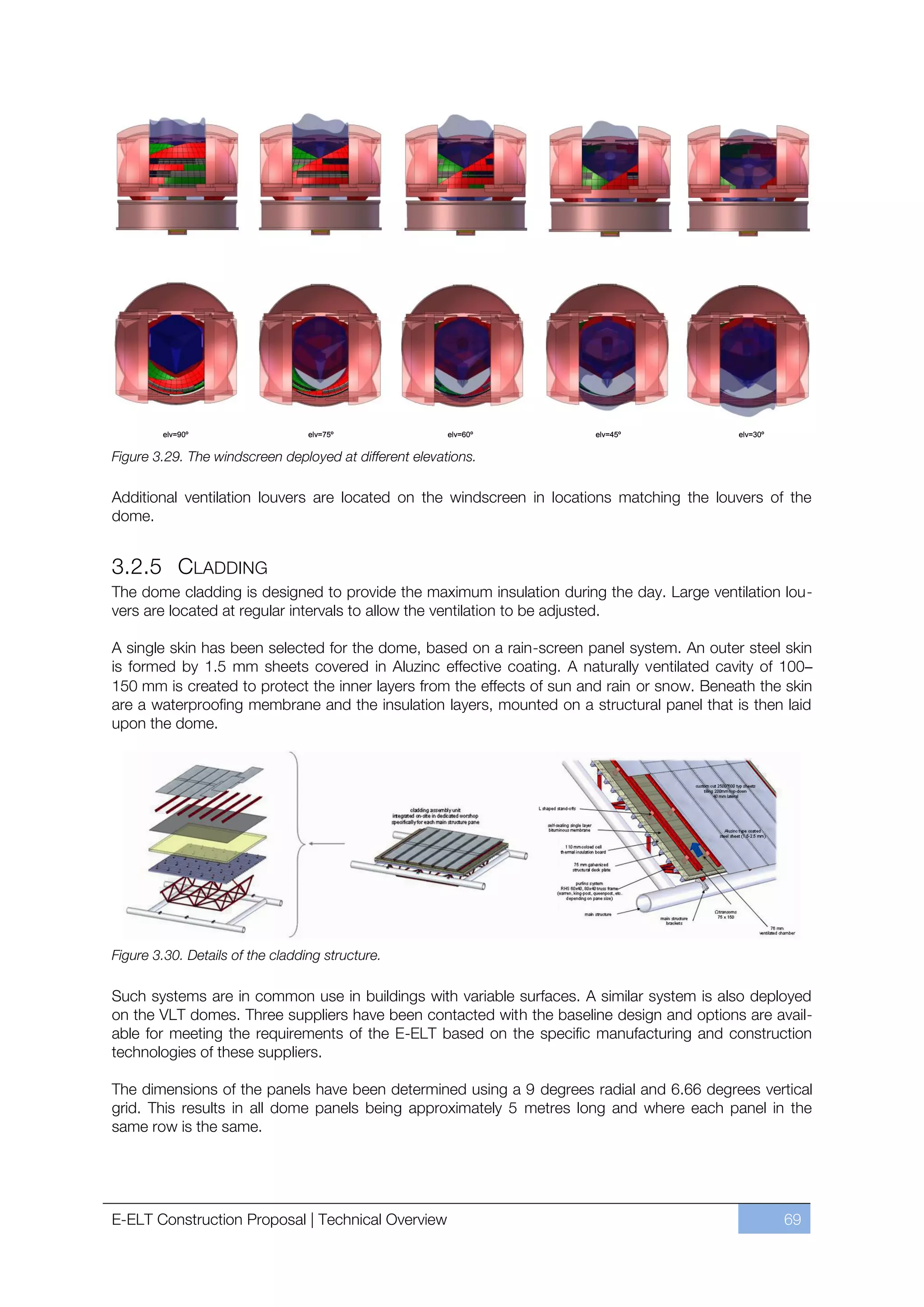 elv=90º                   elv=75º               elv=60º        elv=45º               elv=30º


Figure 3.29. The windscreen deployed at different elevations.

Additional ventilation louvers are located on the windscreen in locations matching the louvers of the
dome.


3.2.5 CLADDING
The dome cladding is designed to provide the maximum insulation during the day. Large ventilation lou-
vers are located at regular intervals to allow the ventilation to be adjusted.

A single skin has been selected for the dome, based on a rain-screen panel system. An outer steel skin
is formed by 1.5 mm sheets covered in Aluzinc effective coating. A naturally ventilated cavity of 100–
150 mm is created to protect the inner layers from the effects of sun and rain or snow. Beneath the skin
are a waterproofing membrane and the insulation layers, mounted on a structural panel that is then laid
upon the dome.




Figure 3.30. Details of the cladding structure.

Such systems are in common use in buildings with variable surfaces. A similar system is also deployed
on the VLT domes. Three suppliers have been contacted with the baseline design and options are avail-
able for meeting the requirements of the E-ELT based on the specific manufacturing and construction
technologies of these suppliers.

The dimensions of the panels have been determined using a 9 degrees radial and 6.66 degrees vertical
grid. This results in all dome panels being approximately 5 metres long and where each panel in the
same row is the same.




E-ELT Construction Proposal | Technical Overview                                                       69
 