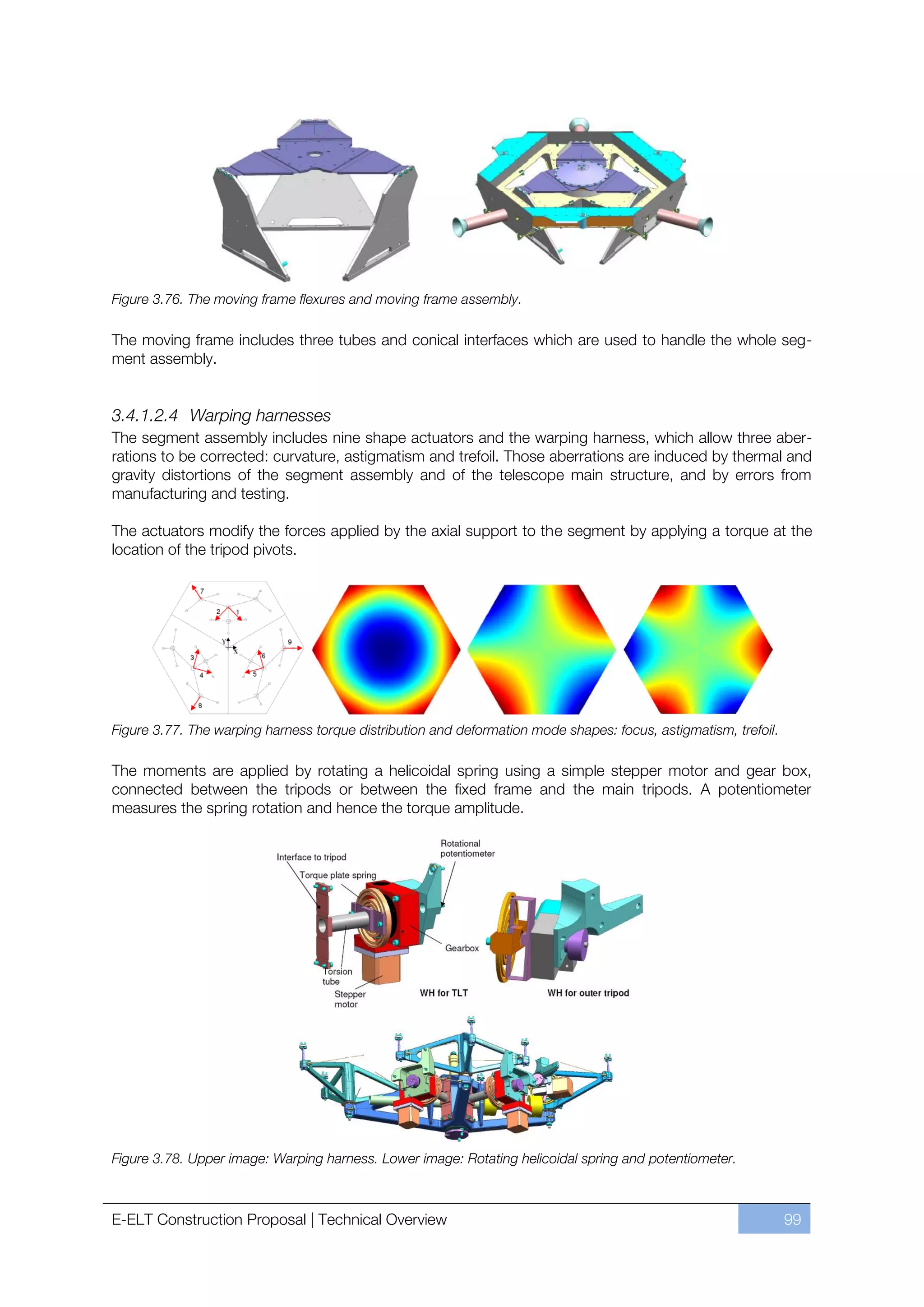 Figure 3.76. The moving frame flexures and moving frame assembly.

The moving frame includes three tubes and conical interfaces which are used to handle the whole seg-
ment assembly.


3.4.1.2.4 Warping harnesses
The segment assembly includes nine shape actuators and the warping harness, which allow three aber-
rations to be corrected: curvature, astigmatism and trefoil. Those aberrations are induced by thermal and
gravity distortions of the segment assembly and of the telescope main structure, and by errors from
manufacturing and testing.

The actuators modify the forces applied by the axial support to the segment by applying a torque at the
location of the tripod pivots.




Figure 3.77. The warping harness torque distribution and deformation mode shapes: focus, astigmatism, trefoil.

The moments are applied by rotating a helicoidal spring using a simple stepper motor and gear box,
connected between the tripods or between the fixed frame and the main tripods. A potentiometer
measures the spring rotation and hence the torque amplitude.




Figure 3.78. Upper image: Warping harness. Lower image: Rotating helicoidal spring and potentiometer.



E-ELT Construction Proposal | Technical Overview                                                                 99
 