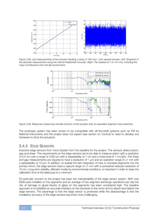 Figure 3.98. Lab measurements of the actuator tracking a ramp of 100 nms-1 over several minutes. Left: Snapshot of
the absolute measurement using the internal Heidenhain encoder. Right. The residual of 7.31 nm rms, including the
major contributions from the lab environment.




Figure 3.99. Measured closed-loop transfer function of the actuator with an equivalent segment mass attached.

The prototype system has been shown to be compatible with off-the-shelf systems such as PXI by
National Instruments and the project does not expect (see section on Control) to need to develop any
hardware to drive the actuators.


3.4.5 EDGE SENSORS
Inductive edge sensors from micro-Epsilon form the baseline for the project. The sensors detect piston,
gap and shear. The requirements on the edge sensors are to be able to measure piston with a resolution
of 0.5 nm over a range of ±200 µm with a repeatability of 1 nm and a noise level of 1 nm/√Hz. The shear
and gap measurements are required to have a resolution of 1 µm and an operation range of ±1 mm with
a repeatability of 10 µm. In addition, to enable the fast integration of new or recoated segments into the
primary mirror, the edge sensors have a capture range of ±1 mm with a somewhat reduced resolution of
10 nm. Long-term stability, affected mostly by environmental conditions, is important in order to keep the
calibration time of the telescope to a minimum.

Of particular concern to the project has been the maintainability of the edge sensor system. With over
6000 pairs installed on the segments and an average of two segment exchange operations per day the
risk of damage to glued blocks of glass on the segments has been considered high. The baseline
approach is to establish an accurate interface on the backside of the mirror and to attach and detach the
edge sensors. The advantage is that the edge sensor is protected while the disadvantage is that the
installation accuracy of the edge sensors becomes more challenging.




 112                                                       Technical Overview | E-ELT Construction Proposal
 
