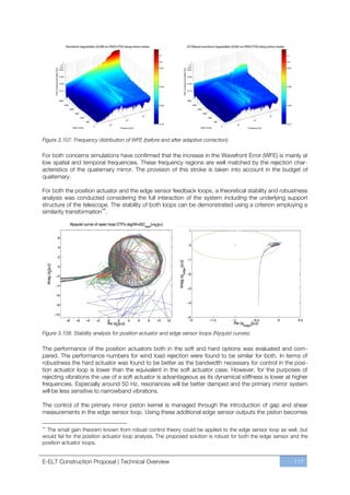 Figure 3.107. Frequency distribution of WFE (before and after adaptive correction).

For both concerns simulations have confirmed that the increase in the Wavefront Error (WFE) is mainly at
low spatial and temporal frequencies. These frequency regions are well matched by the rejection char-
acteristics of the quaternary mirror. The provision of this stroke is taken into account in the budget of
quaternary.

For both the position actuator and the edge sensor feedback loops, a theoretical stability and robustness
analysis was conducted considering the full interaction of the system including the underlying support
structure of the telescope. The stability of both loops can be demonstrated using a criterion employing a
similarity transformation††.




Figure 3.108. Stability analysis for position actuator and edge sensor loops (Nyquist curves).

The performance of the position actuators both in the soft and hard options was evaluated and com-
pared. The performance numbers for wind load rejection were found to be similar for both. In terms of
robustness the hard actuator was found to be better as the bandwidth necessary for control in the posi-
tion actuator loop is lower than the equivalent in the soft actuator case. However, for the purposes of
rejecting vibrations the use of a soft actuator is advantageous as its dynamical stiffness is lower at higher
frequencies. Especially around 50 Hz, resonances will be better damped and the primary mirror system
will be less sensitive to narrowband vibrations.

The control of the primary mirror piston kernel is managed through the introduction of gap and shear
measurements in the edge sensor loop. Using these additional edge sensor outputs the piston becomes

††
  The small gain theorem known from robust control theory could be applied to the edge sensor loop as well, but
would fail for the position actuator loop analysis. The proposed solution is robust for both the edge sensor and the
position actuator loops.


E-ELT Construction Proposal | Technical Overview                                                             117
 