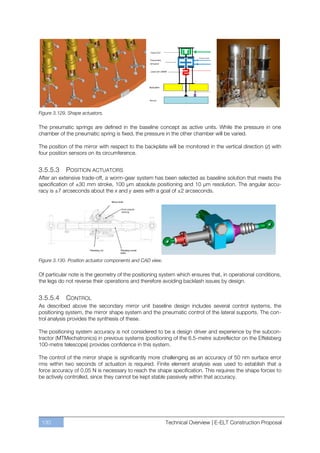 Figure 3.129. Shape actuators.

The pneumatic springs are defined in the baseline concept as active units. While the pressure in one
chamber of the pneumatic spring is fixed, the pressure in the other chamber will be varied.

The position of the mirror with respect to the backplate will be monitored in the vertical direction (z) with
four position sensors on its circumference.


3.5.5.3     POSITION ACTUATORS
After an extensive trade-off, a worm-gear system has been selected as baseline solution that meets the
specification of ±30 mm stroke, 100 µm absolute positioning and 10 µm resolution. The angular accu-
racy is ±7 arcseconds about the x and y axes with a goal of ±2 arcseconds.




Figure 3.130. Position actuator components and CAD view.

Of particular note is the geometry of the positioning system which ensures that, in operational conditions,
the legs do not reverse their operations and therefore avoiding backlash issues by design.


3.5.5.4      CONTROL
As described above the secondary mirror unit baseline design includes several control systems, the
positioning system, the mirror shape system and the pneumatic control of the lateral supports. The con-
trol analysis provides the synthesis of these.

The positioning system accuracy is not considered to be a design driver and experience by the subcon-
tractor (MTMechatronics) in previous systems (positioning of the 6.5-metre subreflector on the Effelsberg
100-metre telescope) provides confidence in this system.

The control of the mirror shape is significantly more challenging as an accuracy of 50 nm surface error
rms within two seconds of actuation is required. Finite element analysis was used to establish that a
force accuracy of 0.05 N is necessary to reach the shape specification. This requires the shape forces to
be actively controlled, since they cannot be kept stable passively within that accuracy.




 130                                                       Technical Overview | E-ELT Construction Proposal
 