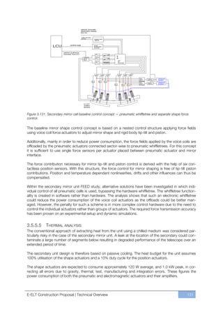 Figure 3.131. Secondary mirror cell baseline control concept — pneumatic whiffletree and separate shape force
control.

The baseline mirror shape control concept is based on a nested control structure applying force fields
using voice coil force actuators to adjust mirror shape and rigid body tip-tilt and piston.

Additionally, mainly in order to reduce power consumption, the force fields applied by the voice coils are
offloaded by the pneumatic actuators connected sector-wise to pneumatic whiffletrees. For this concept
it is sufficient to use single force sensors per actuator placed between pneumatic actuator and mirror
interface.

The force contribution necessary for mirror tip-tilt and piston control is derived with the help of six con-
tactless position sensors. With this structure, the force control for mirror shaping is free of tip-tilt piston
contributions. Position and temperature dependant nonlinearities, drifts and other influences can thus be
compensated.

Within the secondary mirror unit FEED study, alternative solutions have been investigated in which indi-
vidual control of all pneumatic cells is used, bypassing the hardware whiffletree. The whiffletree function-
ality is created in software rather than hardware. The analysis shows that such an electronic whiffletree
could reduce the power consumption of the voice coil actuators as the offloads could be better man-
aged. However, the penalty for such a scheme is in more complex control hardware due to the need to
control the individual actuators rather than groups of actuators. The required force transmission accuracy
has been proven on an experimental setup and dynamic simulations.


3.5.5.5       THERMAL ANALYSIS
The conventional approach of extracting heat from the unit using a chilled medium was considered par-
ticularly risky in the case of the secondary mirror unit. A leak at the location of the secondary could con-
taminate a large number of segments below resulting in degraded performance of the telescope over an
extended period of time.

The secondary unit design is therefore based on passive cooling. The heat budget for the unit assumes
100% utilisation of the shape actuators and a 10% duty cycle for the position actuators.

The shape actuators are expected to consume approximately 120 W average, and 1.0 kW peak, in cor-
recting all errors due to gravity, thermal, test, manufacturing and integration errors. These figures the
power consumption of both the pneumatic and electromagnetic actuators and their amplifiers.




E-ELT Construction Proposal | Technical Overview                                                            131
 