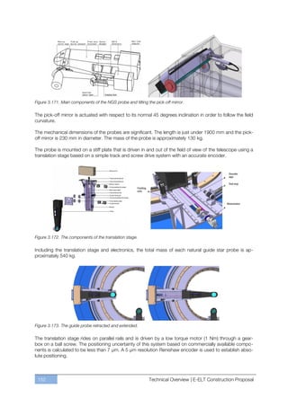 Figure 3.171. Main components of the NGS probe and tilting the pick-off mirror.

The pick-off mirror is actuated with respect to its normal 45 degrees inclination in order to follow the field
curvature.

The mechanical dimensions of the probes are significant. The length is just under 1900 mm and the pick-
off mirror is 230 mm in diameter. The mass of the probe is approximately 130 kg.

The probe is mounted on a stiff plate that is driven in and out of the field of view of the telescope using a
translation stage based on a simple track and screw drive system with an accurate encoder.




Figure 3.172. The components of the translation stage.

Including the translation stage and electronics, the total mass of each natural guide star probe is ap-
proximately 540 kg.




Figure 3.173. The guide probe retracted and extended.

The translation stage rides on parallel rails and is driven by a low torque motor (1 Nm) through a gear-
box on a ball screw. The positioning uncertainty of this system based on commercially available compo-
nents is calculated to be less than 7 µm. A 5 µm resolution Renishaw encoder is used to establish abso-
lute positioning.



 152                                                        Technical Overview | E-ELT Construction Proposal
 