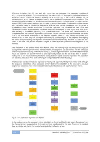 40 metres is better than 0.1 mm and, with more than one reference, the necessary precision of
±0.25 mm can be achieved. During this operation, the telescope is not assumed to be isothermal as this
would impose an operational scenario whereby the air conditioning of the dome is required for the
installation and would impose a significant risk for the schedule of the primary mirror installation. The
installation procedure takes into account the temperature of the structure that will be monitored with an
array of PT100 or equivalent sensors, and modelled in terms of fluctuations. The installation of the frames
with the cranes takes 30 minutes per fixed frame while the laser tracker triangulation for a single unit is
scheduled to take a further 30 minutes for the linear directions. The installation will take place over
24-hour periods with 30 frames being installed in three days and aligned in three nights while other activ-
ities are likely to be reduced, providing for a quieter environment. The entire fixed frame installation is
completed when the rotational alignment is performed. This will be done in sectors to reduce the errors
due to the small linear dimensions of the segment supports. Once 30 fixed frames are installed and
located to ±0.25 mm, they can be aligned rotationally by locating targets at the periphery and aligning
the sector and propagating the alignment towards the centre incrementally. A further four days are allo-
cated to this task. The process requires a degree of continuity in the provision of the segments to be
installed.

The installation of the primary mirror fixed frames takes 190 working days assuming seven days per
30 segments. With the primary mirror frames installed, the segments can be inserted into the telescope
and connected to the cabling for functional testing. A coated segment insertion is scheduled to last three
hours per segment (we expect the first to take significantly longer and the last to be done in approxi-
mately one to two hours) including functional testing that can largely be done in parallel. This operation
will also take place over three shifts working 24-hour periods and will last 100 days.

The telescope can be inclined and exposed to the sky with a partially-filled primary mirror and, although
the sequence establishes a fully populated primary before the installation of the secondary, previous
segmented telescopes have never resisted the temptation to observe with a partial primary mirror.




Figure 3.197. Optical pre-alignment flow diagram.

In the enclosure area, the secondary mirror is installed on its cell and functionally tested. Experience from
the Paranal primary suggests that 2ﬃ3 months should be allocated to this task. The mirror is installed
face up into the unit that is then rotated as a whole for the functional test.


 174                                                     Technical Overview | E-ELT Construction Proposal
 