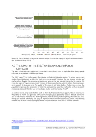 Figure 7.1. The social effects of large-scale research facilities. Source: Web Survey of Large-Scale Research Facili-
ties, Technopolis Group (2010).


7.2 THE IMPACT OF THE E-ELT ON EDUCATION AND PUBLIC
    OUTREACH
The need to intensify science information to and education of the public, in particular of the young people
in Europe, is recognised in all Member States.

The 2007 reportﬅﬅﬅ to the European Commission on Science Education states: “In recent years, many
studies have highlighted an alarming decline in young people’s interest for key science studies and
mathematics. Despite the numerous projects and actions that are being implemented to reverse this
trend, the signs of improvement are still modest. Unless more effective action is taken, Europe’s longer-
term capacity to innovate, and the quality of its research will also decline. Furthermore, among the
population in general, the acquisition of skills that are becoming essential in all walks of life, in a society
increasingly dependent on the use of knowledge, is also under increasing threat.”

As outlined above, large-scale facilities such as the E-ELT represent unique opportunities to reach out to
the public, to inform and generate enthusiasm amongst young people for science through astronomy
and to help reverse the trend of a declining interest. With its strong multidisciplinary character and pow-
erful public appeal, astronomy can play an important role in modern science education. The stunning
scientific results from ESO’s telescopes already provide invaluable treasures for science teachers.




ﬅﬅﬅ
  http://ec.europa.eu/research/science-society/document_library/pdf_06/report-rocard-on-science-
education_en.pdf


 238                                                    Outreach and Education | E-ELT Construction Proposal
 