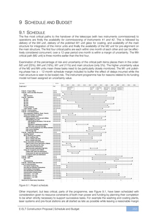 9 SCHEDULE AND BUDGET

9.1 SCHEDULE
The five most critical paths to the handover of the telescope (with two instruments commissioned) to
operations are firstly the availability for commissioning of Instruments #1 and #2. This is followed by
delivery of the M4 unit, delivery of the polished M1 unit glass for coating, and availability of the main
structure for integration of the mirror units and finally the availability of the M2 unit for pre-alignment on
the main structure. The first four critical paths are each within one month of each other and can be effec-
tively considered concurrent; over a 12-year period one month is within a margin of uncertainty. The fifth
critical path (M2 unit) is three months earlier than the first four.

Examination of the percentage of risk and uncertainty of the critical path items places them in the order:
M2 unit (25%), M4 unit (19%), M1 unit (11%) and main structure (only 5%). The higher uncertainty value
of the M2 and M4 units mean these tasks need to be particularly closely monitored. The M1 unit polish-
ing phase has a ~ 12-month schedule margin included to buffer the effect of delays incurred while the
main structure is seen to be low(er) risk. The instrument programme has for reasons related to its funding
model not been assigned an uncertainty value.




Figure 9.1. Project schedule.

Other important, but less critical, parts of the programme, see Figure 9.1, have been scheduled with
consideration given to resource constraints of both man power and funding by planning their completion
to be when strictly necessary to support successive tasks. For example the washing and coating plants,
laser systems and pre-focal stations are all started as late as possible while leaving a reasonable margin

E-ELT Construction Proposal | Schedule and Budget                                                       253
 