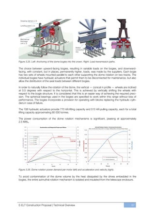 Figure 3.25. Left: Anchoring of the dome bogies into the crown. Right: Load transmission paths.

The choice between upward-facing bogies, resulting in variable loads on the bogies, and downward-
facing, with constant, but in places, permanently higher, loads, was made by the suppliers. Each bogie
has two sets of wheels mounted parallel to each other supporting the dome rotation on two tracks. The
individual bogies have hydraulic actuators that permit them to be disconnected for maintenance, but also
allow the distribution of the axial loads between different bogies.

In order to naturally follow the rotation of the dome, the vertical — conical in profile — wheels are inclined
at 0.5 degrees with respect to the horizontal. This is achieved by vertically shifting the wheels with
respect to the bogie structure. It is considered that this is an easier way of achieving the required preci-
sion. The spherical bearings used in the bogies are specified to work within this range without loss of
performance. The bogies incorporate a provision for operating with blocks replacing the hydraulic cylin-
ders in case of failure.

The 108 hydraulic actuators provide 770 kN lifting capacity and 515 kN pulling capacity, each for a total
lifting capacity approximating 80 000 tonnes.

The power consumption of the dome rotation mechanisms is significant, peaking at approximately
2.5 MWe.




Figure 3.26. Dome rotation power demand per motor (left) and acceleration and velocity (right).

To avoid contamination of the dome volume by the heat dissipated by the drives embedded in the
bogies, the entire azimuthal rotation mechanism is isolated and insulated from the telescope enclosure.




E-ELT Construction Proposal | Technical Overview                                                         67
 