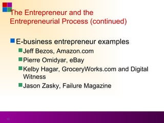 The Entrepreneur and the
     Entrepreneurial Process (continued)

      E-business entrepreneur examples
        Jeff Bezos, Amazon.com
        Pierre Omidyar, eBay
        Kelby Hagar, GroceryWorks.com and Digital
         Witness
        Jason Zasky, Failure Magazine




33
 