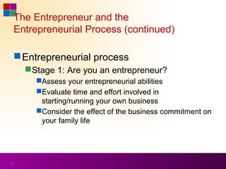 The Entrepreneur and the
     Entrepreneurial Process (continued)

      Entrepreneurial process
        Stage 1: Are you an entrepreneur?
         Assess your entrepreneurial abilities
         Evaluate time and effort involved in
          starting/running your own business
         Consider the effect of the business commitment on
          your family life




35
 
