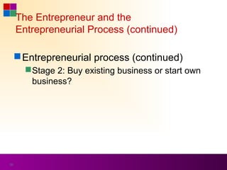 The Entrepreneur and the
     Entrepreneurial Process (continued)

      Entrepreneurial process (continued)
        Stage 2: Buy existing business or start own
         business?




36
 
