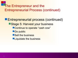 The Entrepreneur and the
     Entrepreneurial Process (continued)

      Entrepreneurial process (continued)
        Stage 5: Harvest your business
         Continue to operate “cash cow”
         Go public
         Sell the business
         Liquidate the business




39
 