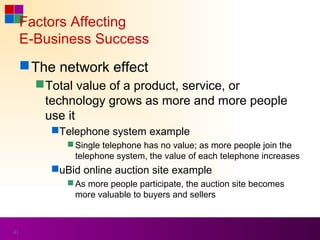 Factors Affecting
     E-Business Success
      The network effect
        Total value of a product, service, or
         technology grows as more and more people
         use it
         Telephone system example
             Single telephone has no value; as more people join the
              telephone system, the value of each telephone increases
         uBid online auction site example
             As more people participate, the auction site becomes
              more valuable to buyers and sellers



41
 