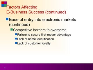 Factors Affecting
     E-Business Success (continued)
      Ease of entry into electronic markets
       (continued)
        Competitive barriers to overcome
          Failure to secure first-mover advantage
          Lack of name identification
          Lack of customer loyalty




49
 