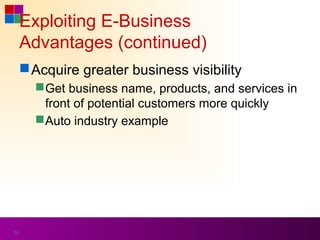 Exploiting E-Business
     Advantages (continued)
      Acquire greater business visibility
        Get business name, products, and services in
         front of potential customers more quickly
        Auto industry example




54
 
