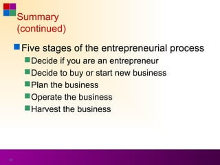 Summary
     (continued)
      Five stages of the entrepreneurial process
        Decide if you are an entrepreneur
        Decide to buy or start new business
        Plan the business
        Operate the business
        Harvest the business




66
 