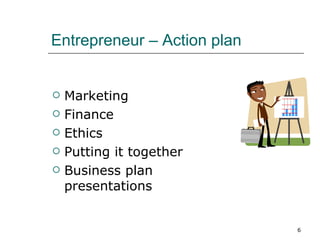 Entrepreneur – Action plan Marketing Finance Ethics Putting it together Business plan presentations 