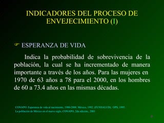 INDICADORES DEL PROCESO DE
             ENVEJECIMIENTO (I)


 ESPERANZA DE VIDA
    Indica la probabilidad de sobrevivenc...