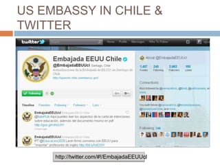 US EMBASSY IN CHILE &
TWITTER




     http://twitter.com/#!/EmbajadaEEUUcl
 