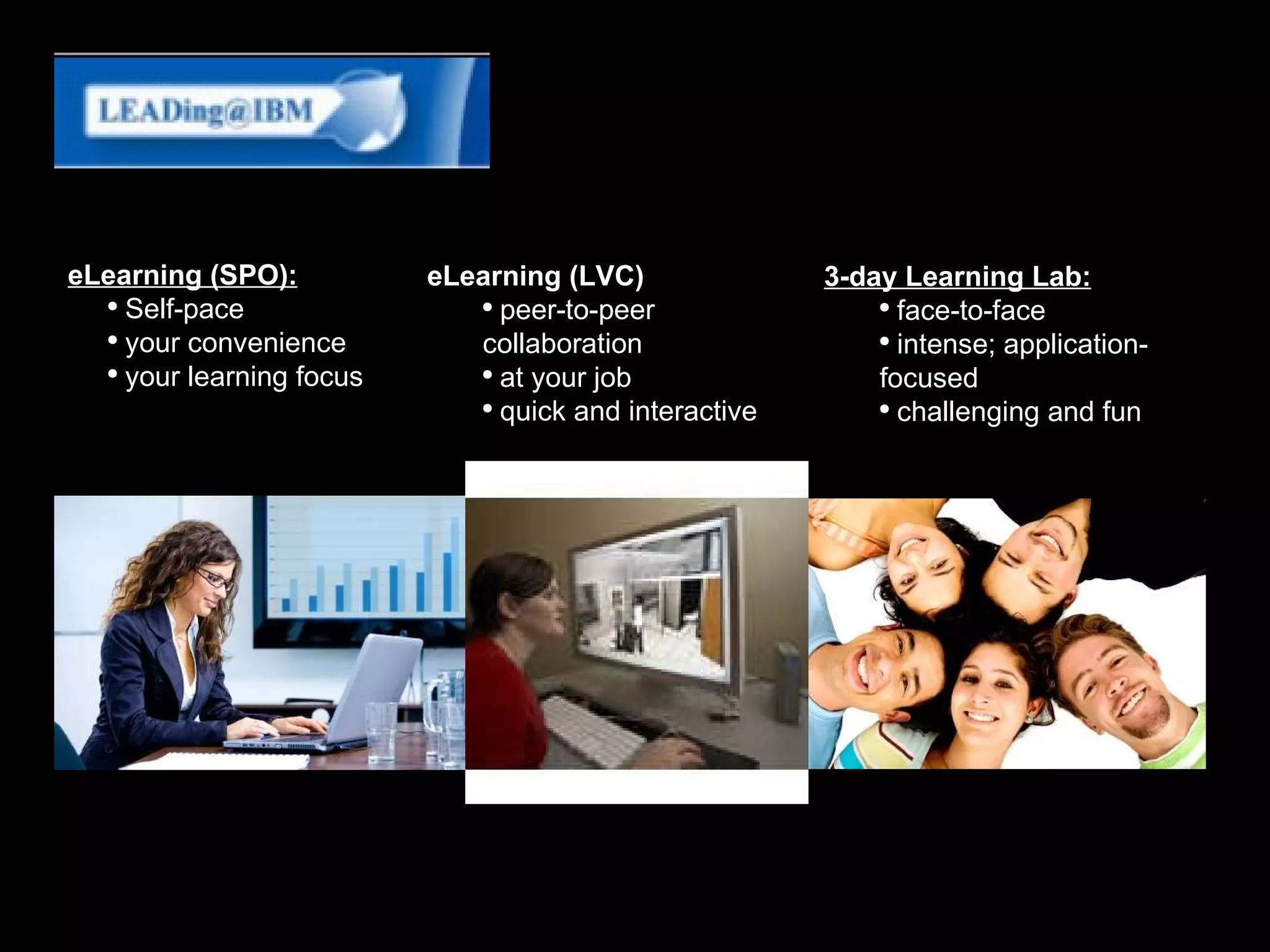 eLearning (SPO): Self-pace your convenience your learning focus eLearning (LVC) peer-to-peer collaboration at your job quick and interactive 3-day Learning Lab: face-to-face intense; application-focused challenging and fun 