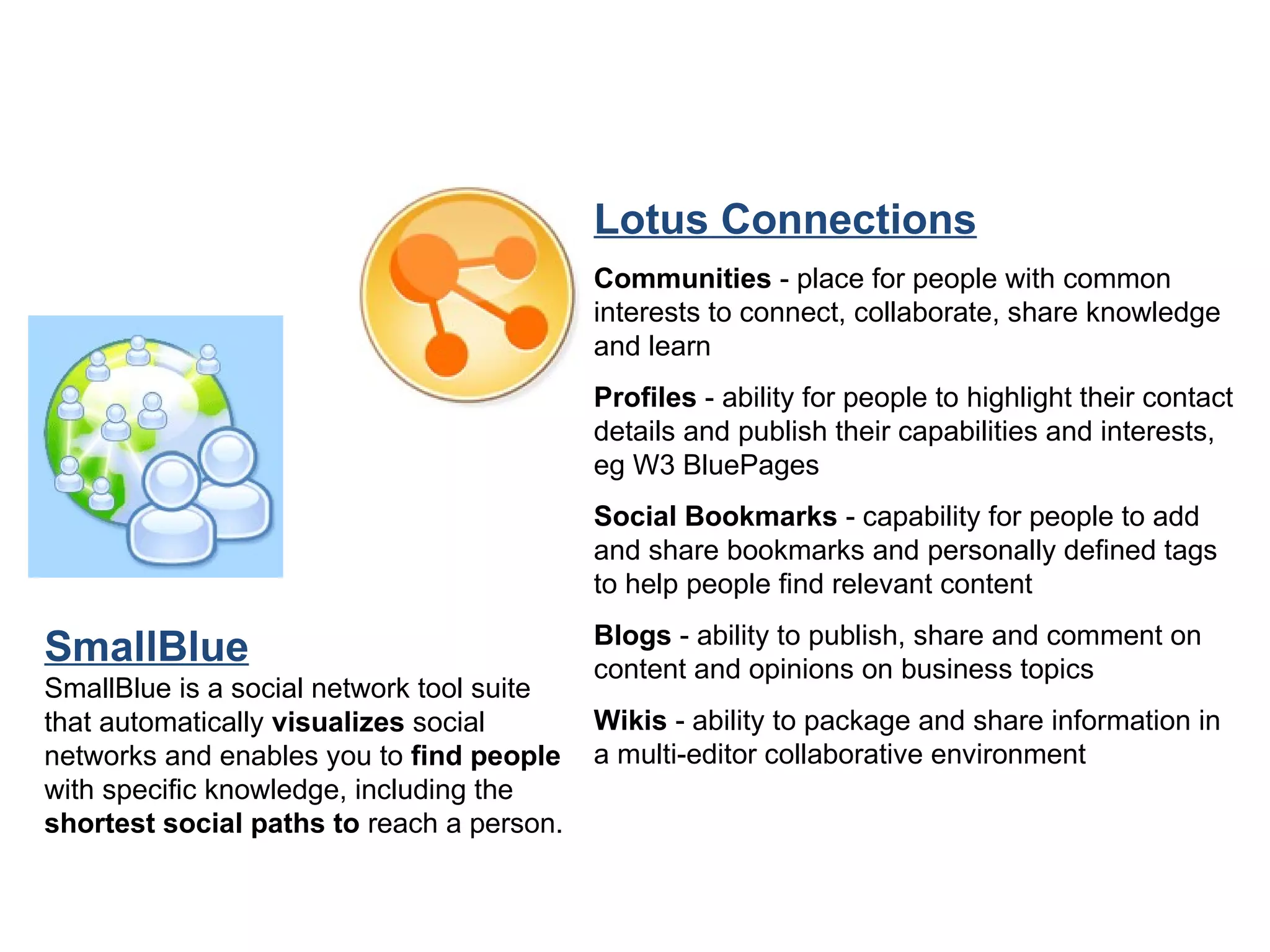 SmallBlue SmallBlue is a social network tool suite that automatically  visualizes  social networks and enables you to  find people  with specific knowledge, including the  shortest social paths to  reach a person.  Lotus Connections Communities  - place for people with common interests to connect, collaborate, share knowledge and learn Profiles  - ability for people to highlight their contact details and publish their capabilities and interests, eg W3 BluePages Social Bookmarks  - capability for people to add and share bookmarks and personally defined tags to help people find relevant content Blogs  - ability to publish, share and comment on content and opinions on business topics Wikis  - ability to package and share information in a multi-editor collaborative environment 