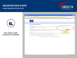You need a web
account to continue
6.
REGISTRATION STEPS
www.pearsonvue.com
 