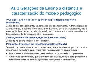 As 3 Gerações de Ensino a distância e 
caracterização do modelo pedagógico 
1ª Geração- Ensino por correspondência ( Pedagogia Cognitivo- 
Behaviorista) 
Centrado no conhecimento, transmissão do conhecimento. A transmissão do 
conhecimento, o tipo de informação e o equilíbrio entre as actividades, são o 
maior objectivo deste modelo de modo a promoverem a compreensão e o 
desenvolvimento de competências nos alunos. 
2ª Geração-Multimédia(Pedagogia Socioconstrutivista) 
Centrado no conhecimento e no estudante. 
3ª Geração- Educação em rede(PedagogiaConectivista) 
Centrado no estudante e na comunidade, caracterizam-se por um ensino 
baseado em actividades e experiências que motivem os aprendentes; 
 Interacções sociais e normas que valorizem a procura de compreensão; 
 Ambientes assíncronos, que permitem aos alunos, tempo para pensarem e 
reflectirem sobre as contribuições dos seus pares e professores. 
 